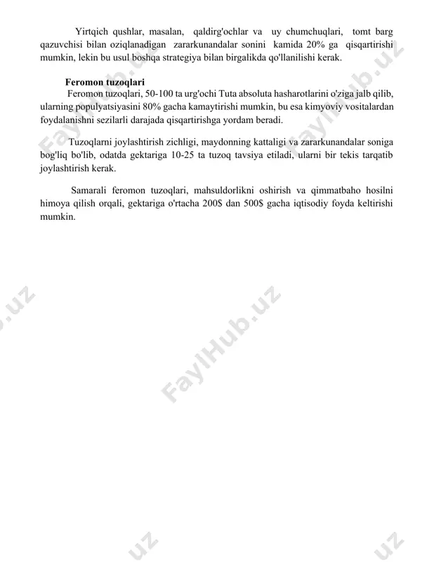 bu esa kimyoviy vositalardan foydalanishni sezilarli darajada qisqartirishga yordam beradi. tuzoqlarni joylashtirish zichligi, maydonning kattaligi va zararkunandalar soniga bog'liq bo'lib, odatda gektariga 10-25 ta tuzoq tavsiya etiladi, ularni bir tekis tarqatib joylashtirish kerak. samarali feromon tuzoqlari, mahsuldorlikni oshirish va qimmatbaho hosilni himoya qilish orqali, gektariga o'rtacha 200$ dan 500$ gacha iqtisodiy foyda keltirishi mumkin. 📌xulosa pomidor barg konining biologik usul bilan samarali boshqarilishi tabiiy dushmanlarni qo'llash orqali zararkunandalar sonini kamaytirish va hosilni himoya qilishda muhim rol o'ynaydi. bu usul ekologik jihatdan toza va kimyoviy vositalarga qaraganda afzalroqdir. 📚foydalanilgan adabiyotlar 1. e. x. (yil). pomidor yaprog'ini qazuvchining biologik usulda nazorati. [jurnal nomi]. [jurnal hajmi](son): [sahifalar]. 2. f. y. (yil). pomidor yaprog'ini qazuvchiga qarshi tabiiy dushmanlarni qo'llash. [jurnal nomi]. [jurnal hajmi](son): [sahifalar]. 3. g. z. (yil)