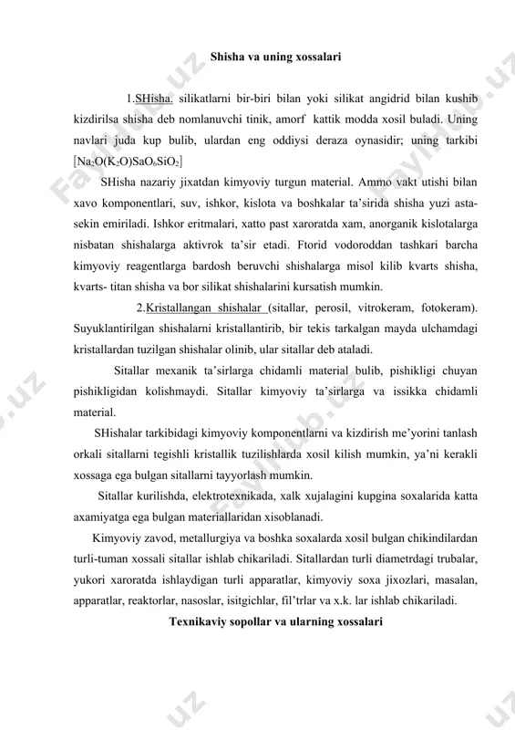 ossalari loyning plastikligi (elastikligi)dan foydalanib sopollar ishlab chikarish (kulolchilik) ishlari keng rivojlangan. boshlangich xom ashyoning kimyoviy tarkibi temperatura va pishirish jarayonining vaktiga karab sopollar ikki turga bulinadi: 1) juda xam kam nam yutuvchi (0,1( gacha), kislotalar ta’siriga chidamli zich strukturaga ega bulgan sopollar, 2) kup nam yutuvchi (12( gacha) govak tuzilishdagi sopollar. kimyoviy sanoatlarda birinchi turga mansub bulgan sopollar ishlatiladi. bu sopollar hf, h3po4 kislotalardan tashkari xamma kislotalarga uta chidamli, urta va past kontsentratsiyali ishkorlar ta’siriga chidamli materiallardir. bulardan reaktorlar, kuvurlar, apparatlar va xar xil detallar tayyorlanadi. temperaturaning uzgarishiga uta sezgirligi va murtligi sopollarning kamchiligi xisoblanadi. grafit asosidagi materiallar grafit-yaxshi mexanik xususiyatlarga ega, issiklikka chidamli, temperatura uzgarishiga bardosh beruvchi, kupchilik agressiv muxitlarga turgun, issiklikni yaxshi utkazadigan va kupgina ijobiy xususiyatlarga ega bulgan birdan-bir metallmas konstruktsion materialdir. ammo grafitning elastiklik moduli juda kichik bulib, ular govak va murt buladi. bu materiallardan yukori temperatura va agressiv muxitda ishlaydigan xar xil detal’ va …