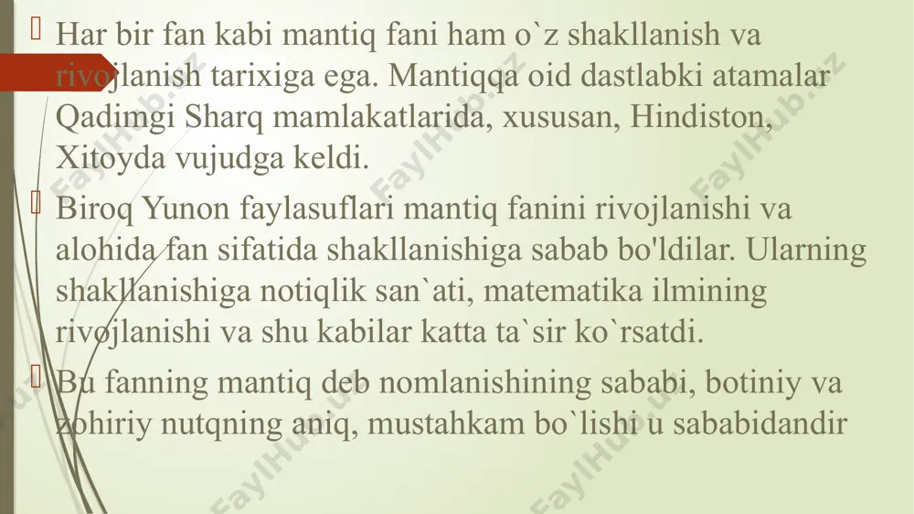 ng voqelikka mos kelishi haqiqatdur». qadimgi hindistondagi shakllangan mantiq an’analari qadimgi gretsiyada mantiq ilmining paydo bo‘lishiga ta’sir ko‘rsatgan. qadimgi grek falsafasida mantiq masalalari, dastlab, parmenidning «tabiat to‘g‘risida» asarida, eleylik zenonning aporiyalarida, geraklit ta’limotida u yoki bu darajada ko‘rib chiqilgan. aristotelgacha bo‘lgan mantiqiy ta’limotlar ichida demokritning mantiqiy ta’limoti, sokratning induktiv metodi va platonning dialektikasi diqqatga sazovordir. demokrit (er. av. 460-370) mantiqiy ta’limotida fikrning chinligi masalasi muhim o‘rin tutadi. u ko‘proq induksiya va analogiyani o‘rganishga e’tibor beradi, haqiqatni bilish uchun yakka buyumlarni kuzatish, his qilish orqali umumlashtirish zarur, deb ta’kidlaydi. sokrat (er. av. 469-399) ta’limotiga ko‘ra buyumlarning mohiyatini bilib bo‘lmaydi. inson, avvalo, o‘z-o‘zini bilishi kerak. bilim umumiylik to‘g‘risidagi tushunchadir. haqiqatni aniqlash uchun o‘ziga xos usul darkor. bu usul vositasida o‘rganilayotgan buyum haqida umumiy tushuncha hosil qilinadi va shu tushunchaga asoslanib buyum haqida fikr yuritiladi. mantiq ilmining alohida fan sifatida shakllanishi aristotelning nomi bilan bog‘liqdir. platon (er. av. 427-347) ustozi sokratning, umumiy tushunchalar …