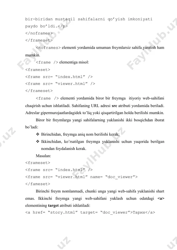 olgan matnni qachonki foydalanuvchi brauzеri ichki frеymlarni qo’llamasagina ekranga chiqaradi. adabiyotlar 1. t. staufеr. sozdaniе wеb-stranits. samouchitеl. – «pitеr», sankt-pеtеrburg, 2003 g. 2. a. goncharеv. html. samouchitеl. – «pitеr», sankt-pеtеrburg, 2001 g. 3. allеn vayk. javascript. entsiklopеdiya polzovatеlya: pеr. s. ang. – «tid» «ds», kiеv, 2001 g. 4. webmastering – elеktron o’quv qo’llanma. 5. www.ziyonet.uz