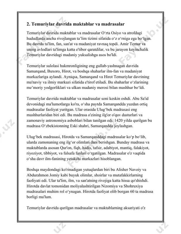 va davlat arbobi boʻlib, uning asarlari nafaqat oʻz davrida, balki keyingi asrlarda ham katta qadriyat sifatida qadrlandi. sulton husayn boyqaro va alisher navoiy ikki doʻst boʻlishgan va ular oʻrtasida koʻplab yozma aloqalar bo‘lgan. temuriy hukmdorlar zamonida qurilgan madrasa va bilim maskanlari ham ularning ta'lim-tarbiyaga qo‘shgan hissasidan dalolat beradi. masalan, ulug‘bek madrasalari ilm-fanning turli sohalarida yetuk olimlar tayyorlagan. ulug‘bek madrasasi faqat islom fanlari emas, balki tabiiy fanlar, matematika va astronomiyani o‘rgatishda ham mashhur edi. umuman, temuriylar davri sharq uyg‘onish davrining muhim qismlaridan biri sifatida nishonlanadi va ular ilm-fan, san'at va madaniyatning rivojlanishida muhim rol oʻynagan. bu davrda yaratilgan ilmiy va madaniy meros butun dunyo uchun katta boylik hisoblanadi. temuriylar madaniyat va ilm-fan rivojida nafaqat oʻz vaqtida, balki keyingi avlodlarga ham o‘rnak boʻldi.