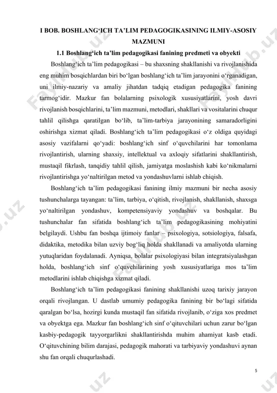 mmal egallash, har bir kelajakdagi pedagog uchun ustuvor vazifadir. boshlang‘ich ta’lim pedagogikasi fani ta’lim tizimining eng muhim bo‘g‘ini bo‘lib, uning asosiy vazifasi – boshlang‘ich sinf o‘quvchilarining ta’lim-tarbiyasini, rivojlanishini, shakllanishini o‘rganish va bu jarayonda samarali metodlar, vositalar va yondashuvlarni ishlab chiqishdir. fan sifatida u bolalar bilan olib boriladigan pedagogik jarayonning qonuniyatlarini, tamoyillarini, mazmunini, shakl va usullarini o‘rganadi. bu esa uning predmetini tashkil etadi. boshlang‘ich ta’lim pedagogikasining predmeti – bu boshlang‘ich sinf o‘quvchilari bilan olib boriladigan ta’lim-tarbiya jarayoni, ya’ni ularni o‘qitish, o‘rgatish, tarbiyalash va rivojlantirish bilan bog‘liq pedagogik faoliyatning mazmuni, shakllari va metodlarini o‘rganishdir. boshqacha aytganda, bu fan bolaning shaxs sifatida shakllanishi uchun zarur bo‘lgan pedagogik jarayonni ilmiy-nazariy va amaliy asosda chuqur tahlil qiladi. uning predmeti o‘qituvchi va o‘quvchi o‘rtasidagi o‘zaro munosabatlar, o‘quv jarayonining tarkibi, tarbiyaviy ta’sir, o‘quv dasturlari, metodika va texnologiyalarning ta’sirini o‘rganishga qaratilgan. fanining obyekti esa – boshlang‘ich ta’lim jarayoni ishtirokchilari va bu jarayonning o‘zi hisoblanadi. ya’ni, boshlang‘ich sinf o‘quvchilari, …