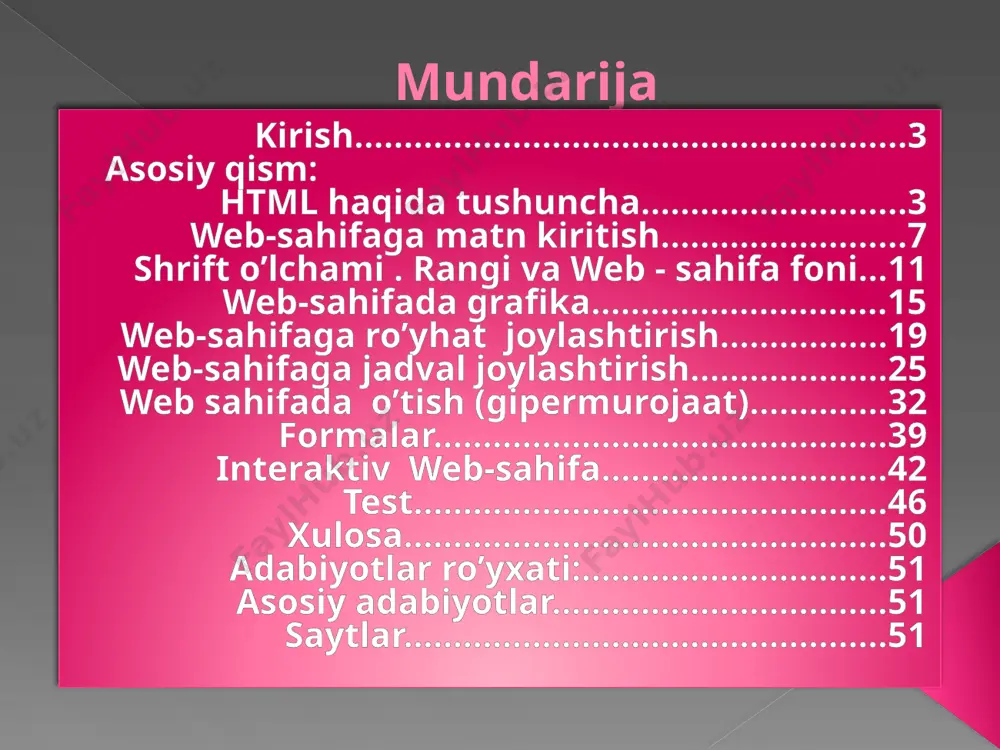 jjatlar bilan bog’laydigan gipermatnli aloqalarga ega. html haqida tushuncha internetning www hizmati asosan web-sahifalarga bog‘liq ekan, ular qanday yaratiladi? – degan savol tug’ulishi tabiiy. web-sahifalar odatda html (hypertext markup language – gipermatnli markerlash tili) tilida yaratiladi. html – dasturlash tili hisoblanmaydi. html tilining buyruqlari “ ” belgilari orasiga yoziladi va deskriptor yoki teg deb yuritiladi. butun dunyo o’rgimchagi–world wide web (www) html gipermatn bog’lanish tili yordamida tuzilgan web-sahifalardan iborat. html-hujjat fayli nomining kengaytmasi “html” bo‘ladi. html-hujjatni web-brouzerlar yordamida hotiraga yuklansa, u ekranga web-sahifa ko‘rinishida chiqadi. html tilining аsоsiy qоidаlаri quyidаgichа: 1 − qоidа. htmldаgi istаgаn hаrаkаt tеglаr bilаn аniqlаnаdi. bittа tеg (chаp) hаrаkаtning bоsh qismidа, ikkinchisi esа, (o’ng) охiridа turаdi. bundа tеglаr « » ishоrаlаr bilаn yonmа-yon turаdi. yolg’iz o’zi ishlаtilаdigаn tеglаr hаm mаvjud. 2 − qоidа. brаuzеr dаrchаsidаgi burchаkli qаvs ichigа jоylаshtirilgаn istаgаn tеg yoki bоshqа ko’rsatma tаshqаrigа chiqаrilmаydi vа html–fаyl uchun ichki buyruq hisоblаnаdi. html qоidаlаrigа ko’rа, yopuvchi …