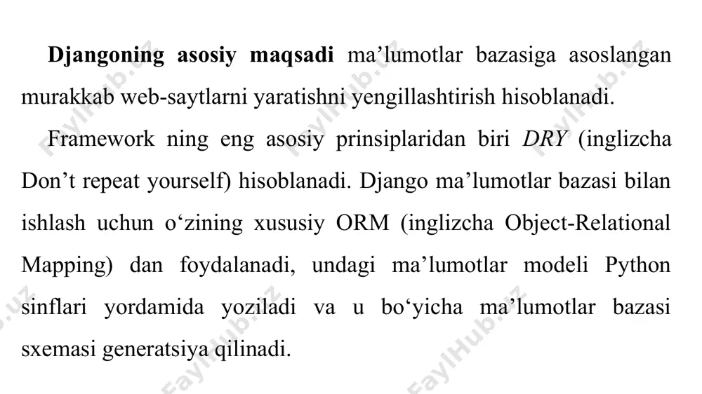 odels.charfield(max_length=200) text = models.textfield() shablonga misol yangiliklar kun yangiliklari {% for post in object_list %} {{ post.title }} {{ post.text }} {% endfor %} foydalanilgan adabiyotlar: 1. джефф форсье, пол биссекс, уэсли чан: “django разработка веб-приложений на python”, санкт-петербург-москва, 2009; 2. владимир дронов: “django 2.1. практика создания веб-сайтов на python”, бхв-петербург, 2019; 3. williams s. vincent “django for beginners: build websites with python and django”; 4. andrew pinkham “django unleashed”,sams publishing, 2015. e’tiboringiz uchun rahmat! image1.png image2.png image3.png image4.png /docprops/thumbnail.jpeg
