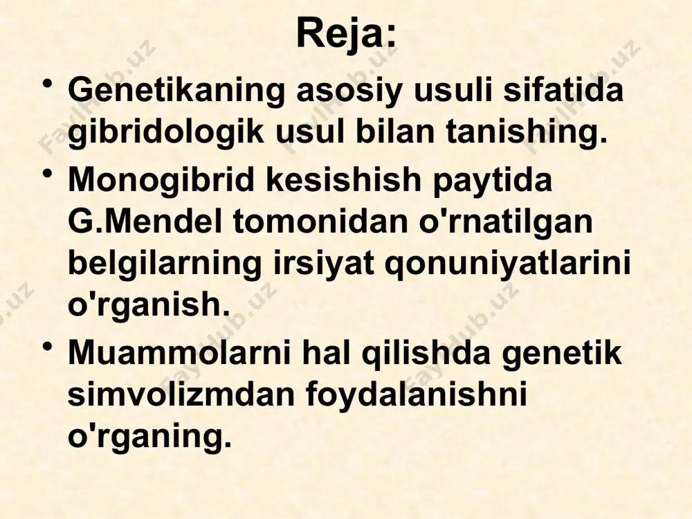 ning yig'indisi. fenotip - bu organizmning tashqi belgilarining yig'indisi (genotipning tashqi ko'rinishi). dominant gen - bu dominant bo'lgan va boshqasining harakatini bostiradigan gen. resessiv - bostirilgan gen, uning ta'siri faqat 2-avlodda namoyon bo'ladi. gen - bu dnk zanjirining bir qismi bo'lib, u organizmning tuzilishi va xususiyatlari haqida ma'lumot beradi. lokus - allel genlar joylashgan xromosoma hududi xususiyat - bu kesishish paytida hisobga olinadigan organizmning har qanday tarkibiy xususiyati. mulk - bu organizmning ma'lum bir tuzilish belgisi yoki elementar belgilar guruhiga asoslangan har qanday funktsional xususiyati. gomozigota - bir xil (allelik) genlar to'plamiga ega zigota (aa yoki aa, aabb yoki aabb) geterozigota - turli xil genlarni (aa yoki aabb) tashuvchi zigota. gibrid - irsiy rudimentlarda farq qiluvchi shaxslarning kesishishi natijasida hosil bo'lgan organizmlar. proband - nasl-nasabi qurilgan shaxs. sof chiziq - bu nav, gomozigotli belgilarni o'z ichiga olgan zot. genetikaning asosiy qonunlari muallif ism qonun bayonoti 1865 yil gregor mendel 1-avlod …