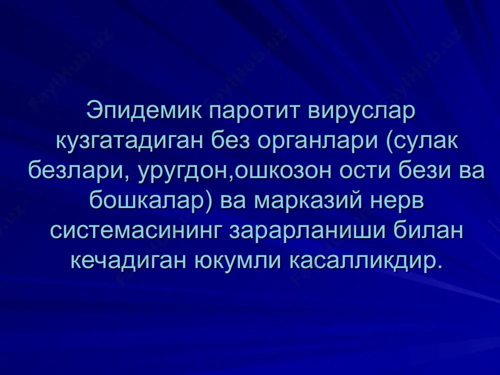 atrofiyasi bepushtlik diabet karlik asoratlari angina faringit laringit otit gipertermiya sindromi asteniya epilepsiya tashxisoti epidemiologik anamnez. ob'ektiv kuruv. periferik konda limfotsitoz. kon va siydikda amilaza mikdorini aniklash. shirinlik berib kondagi kandni aniklash. tovuk embrioniga ekib virusologik tekshiruv utkazish. serologik tekshiruvlar- ra, kbr, rtga, … teri osti sinamasi. differentsial diagnostikasi uxshash kasalliklar: ikkilamchi yiringli parotit. toksik parotit. sulak tosh kasalligi. kulok oldi bezi usmasi. ikkilamchi limfadenitlar. sil meningiti. meningokokkli meningit. enterovirusli meningitlar. davosi simptomatik . t me'yoriga kelguncha (10 kun) yotok rejimi. suyuk ovkatlar berish. tuyib ovkatlanishni cheklash. shillik pardalar gigienasiga rioya kilish. ogrik koldiruvchi preparatlar. orxitlarda suspenzorium. xirurgik davoda urugdon ok pardasini kesib kuyish. gamma-globulin. gormonlar (ogir xollarda). degidratatsiya (siydik xaydovchi preparatlar). antibiotiklar (ogir xollarda). lyumbal punktsiya. profilaktikasi bemorni uy sharoiti yoki kasalxonada 9 kun izolyatsiya kilish, meningit belgilari kushilsa, butun utkir davrida. mulokotda bulganlar 21 kunga ajratiladi ( karantin). parotitli meningit yoki meningoentsefalit utkazganlar kasalxonadan chikgach 2 xaftagacha maktabga …