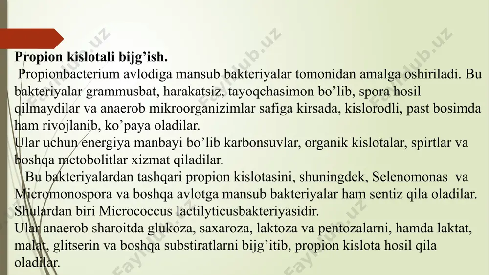 qо‘shilsa, tuz kо‘p (60—70% gacha) tо‘planadi.sut kislotali bijg‘ish protsessini qо‘zg‘atuvchi bakteriyalar tabiatda keng tarqalgan bо‘lib, sabzavotlarni tuzlashda va yem-xashakni siloslashda ishlatiladi. yem-xashakni siloslash vaqtida sut kislotali bijg‘ish protsessini qо‘zg‘atuvchi bakteriyalarning aktiv kulturalari yem-xashak orasiga sepiladi.sut kislotali bijg‘ish protsessida quyidagi bakteriyalar ishtirok etadi:1. streptokokkus laktis (streptococcus lactis) yumaloq spora hosil qilmaydigan bakteriyalar. ular zanjir halqalari shaklida bir-biriga ulanib turadi va 30—38° issiqda yaxshi rivojlanadi. ular mono va disaxaridlarni osonlik bilan bijg‘itishi natijasida 1% gacha sut kislota hosil qiladi sut kislotali bijg‘ish protsessida ishtirok etadigan bakteriyalar: a — streptokrkkus laktis (streptococcus lactis); b — bakterium bulgarikum (vasterium bulgaricum); v — bakterium kukkumeris fermentati (vasterium fermentati); g — bakterium koli (bacterium coli). 2. laktobakterium bulgarikum (lactobacterium bulgaricum) о‘lchami 15 dan 20 mkm gacha bо‘lgan sporasiz tayoqchalardir. bu bakteriyalar glyukoza, galaktoza va laktozani bijg‘itib, 3,2% gacha sut kislota hosil qiladi. 40—48° issiqda yaxshi rivojlanadi (80-rasm, b).3. bakterium delbryukki (bacterium delbriickii) bolgar tayoqchasiga о‘xshaydi. bu …