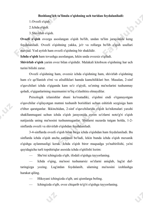 at qiling. · hikoyani ichingizda o'qib, uni qismlarga boling. · ichingizda o'qib, ovoz chiqarib to'g'ri o'qishga tayyorlaning. · ichingizda o'qing. tabiatning ko'rinishi tasvirlangan o'rinni toping. bu kabi topshiriqlar sinfdan sinfga o'tgan sari murakkablashib boradi. bunda o'quvchilaming asarni qanchalik idrok etganliklari tekshirilib borilishi zarur. ichda o'qish quyidagi afzalliklarga ega 1. bir vaqtning o'zida butun sinf o'quvchilari o'qiydi. 2. o'quvchilarda asar matni ustida mustaqil ishlash ko'nikmalari takomillashadi. 3. o'qituvchi har bir o'quvchining mustaqil ishlash jarayonida o'zlashtirish darajasini aniqlaydi. 4.ichda o'qishda ongli o'qishga talab va e'tibor kuchayadi. ichda o'qishda o'qituvchi o'quvchilar o'qishidagi kamchiliklarni aniqlay olmaydi. bu undan foydalanishni cheklab qo'yadi. ovozli o'qishning afzalliklari quyidagilar 1. o'qituvchi o'quvchilaming xato va kamchiliklarini, o'qish ko'- nikmalarini aniqlay oladi. 2. kichik yoshdagi o'quvchilar ovoz chiqarib o'qisalar, matn maz- munini tez tushunib oladilar. 3. ovozli o'qishdan kitobxon estetik zavq oladi. 4. ovozli o'qishda ifodalilikka katta e'tibor beriladi. 5. ovozli o'qish o'quvchilar lug'atini boyitish va nutqini o'stirishda katta ahamiyatga …