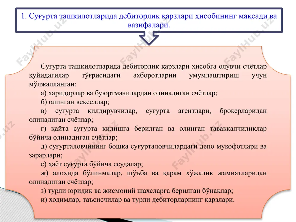 увчи счётлар. 2. суғурта қилдирувчилардан, суғурта агентлари ва брокерларидан олинадиган маблағлар ҳисоби. олинадиган счётлар (4000) харидорлар ва буюртмачилар билан шу жумладан, суғурта қилдирувчилар, суғурта агентлари ва брокерлари, қайта суғурталовчилар, қайта суғурта қилдирувчилар ва бошқа юридик ва жисмоний шахслар билан кўрсатилган хизматлар учун дебиторлик қарзлари бўйича ҳисоб-китоблар тўғрисидаги ахборотларни умумлаштириш қуйидаги счётларда амалга оширилади: 4010 «харидорлар ва буюртмачилардан олинадиган счётлар»; 4020 «олинган векселлар»; 4030 «суғурта қилдирувчилардан олинадиган счётлар»; 4040 «суғурта агентлари ва брокерларидан олинадиган счётлар»; 4050 «қайта суғурта қилиш бўйича қабул қилинган таваккалчиликлар бўйича олинадиган счётлар»; 4051 «қайта суғурта қилишга оид комиссион рағбатлантиришлар, тантъемалар ва йиғимлар бўйича олинадиган счётлар»; 4060 «қайта суғурта қилишга берилган таваккалчиликлар бўйича олинадиган счётлар»; 4070 «ҳаёт суғуртаси бўйича берилган ссудалар бўйича олинадиган счётлар»; 4080 «суғурталовчининг бошқа суғурталовчилардаги депо зарари»; 4090 «суғурталовчининг бошқа суғурталовчилардаги депо мукофотлари». 4030 «суғурта қилдирувчилардан олинадиган счётлар» счётида суғурта шартномалари бўйича суғурта қилдирувчиларнинг дебиторлик қарзлари суммаси акс эттирилади. дебитор қарздорлик вужудга келганда ушбу счёт …
