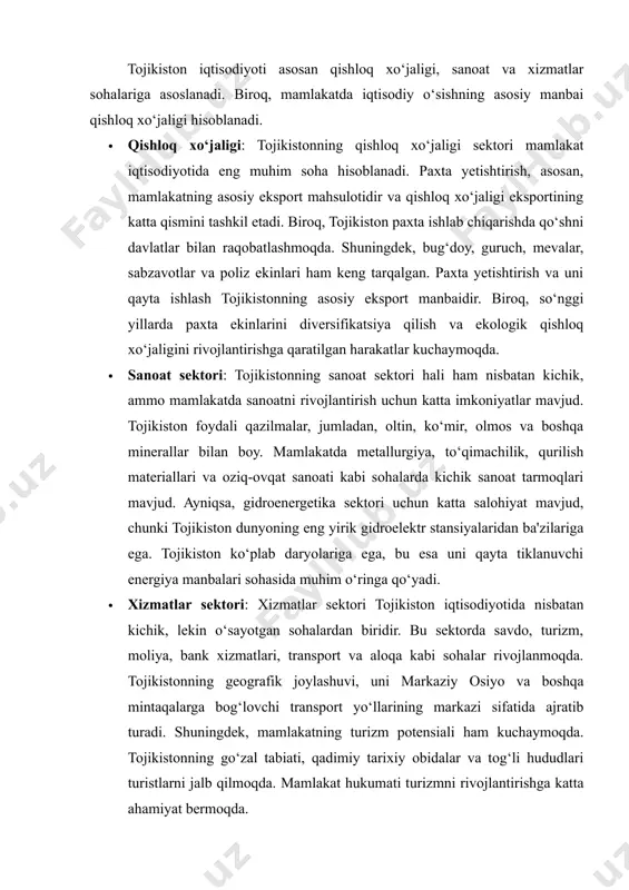 an mavjud hududiy va siyosiy ziddiyatlar, ayniqsa, afg‘oniston bilan bo‘lgan chegaraviy muammolar, mamlakatning xavfsizlik va iqtisodiy rivojlanishiga tahdid soladi. xulosa tojikiston iqtisodiyoti qishloq xo‘jaligi, sanoat va xizmatlar sektori o‘rtasida balansi bo‘lgan bir holatda rivojlanmoqda. paxta, oltin, alyuminiy kabi eksport mahsulotlari iqtisodiyotning asosiy poydevorini tashkil etadi. biroq, iqtisodiy o‘sish va barqarorlikni ta'minlash uchun mamlakatning iqtisodiy tarmoqlarini diversifikatsiya qilish, energiya ta'minotini mustahkamlash va ijtimoiy siyosatni rivojlantirish zarur. tojikistonning kelajagi iqtisodiy islohotlar va sarmoyalarni jalb qilishga qaratilgan strategiyalarni muvaffaqiyatli amalga oshirishga bog‘liq. foydalanilgan adabiyotlar: 1. world bank (2023). tajikistan overview. the world bank. https://www.worldbank.org/en/country/tajikistan 2. asian development bank (2022). tajikistan economic report. asian development bank. https://www.adb.org/countries/tajikistan/main 3. tojikiston respublikasi iqtisodiyoti. (2020). iqtisodiy tadqiqotlar markazi. dushanbe: "iqtisodiyot nashri". 4. tajikistan: country report. (2022). oxford business group. https://oxfordbusinessgroup.com/tajikistan 5. tajikistan's energy sector. (2021). international energy agency. https://www.iea.org/countries/tajikistan