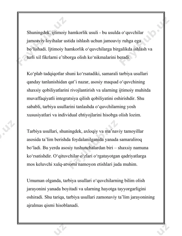 lik samarali o‘tishini belgilaydi. - shakllar esa tarbiyaviy faoliyatning tashkiliy tomonini ifodalaydi, ya’ni tarbiya jarayonining qanday sharoitlarda va qanday tashkil etilishini aks ettiradi. 2. **usullarning turi**: - **og‘zaki usullar**: masalan, suhbat, izoh, ma’ruza, dars. bu usullar orqali axborot yetkazish va fikr almashish imkoniyati yaratiladi. - **ilmiy-nazariy usullar**: masalan, analiz, sintez, qiyoslash. bu usullar orqali o‘quvchilar voyaga yetib kelayotgan ko‘nikmalarni shakllantirishga xizmat qiladi. - **amaliy usullar**: amaliy mashg‘ulotlar, laborator ishlari. bu usullar orqali talabalarning amaliy mahoratlari rivojlantiriladi. 3. **shakllarning turi**: - **individuallashtirilgan shakl**: bu shakl har bir o‘quvchining shaxsiy imkoniyatlarini hisobga olgan holda tashkil etiladi. - **guruhli shakl**: yakka yoki kichik guruhlarda o‘tkaziladigan jismoniy va intellektual mashg‘ulotlar. - **front va frontal shakl**: barcha o‘quvchilar uchun bir vaqtda o‘tkaziladigan tarbiyaviy tadbirlar. 4. **tarbiya jarayonida usul va shakllarning tanlanish omillari**: - pedagogik vaziyat: muayyan mavzu yoki muammo bo‘yicha qanday metod va shakl eng yaxshi natija berishini belgilaydi. - o‘quvchilarning yoshi: yoshlarga mos ravishda …
