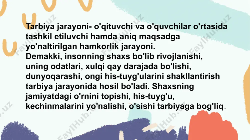 rakatini sekin-asta ko'nikmaga aylantirib borish lozim. insonning mushohada qilishi qobilyatni tarbiyalaydi va aqilni peshlaydi. aql ongni saqlaydi. ong va ma'naviy manbaga aylanadi. shu tarzda asta sekin takomillashib, komillikka erishib boradi. ammo buning uchun tarbiyachi va tarbiyalanuvchilardan uzoq davom etadigan mas'uliyat, sharafli mehnat va qunt, irodani talab etadi. xulosa:xulosa qilib aytganda, o'quv vaziyatini vujudga keltirish o'quvchining bilish faoliyatini rivojlantirish uchun keng imkoniyatlar yaratishini har tomonlama asoslashga harakat qilmoqdalar. agar o'quvchi bilishga intilsa, bilim olishga ehtiyoj sezsa, ularda sog'lom mayllar va qiziqishlar hosil bo'ladi va ular bilish jarayonida muvaffaqiyat qozonadilar. eʼtiboringiz uchun raxmat oʻzingizni ehtiyot qiling 😊 image1.png image2.png image3.png image5.png image6.jpeg image7.jpeg image8.png image9.jpeg image10.png image11.png image12.jpeg image13.png image14.png image15.jpeg image16.jpeg image4.png