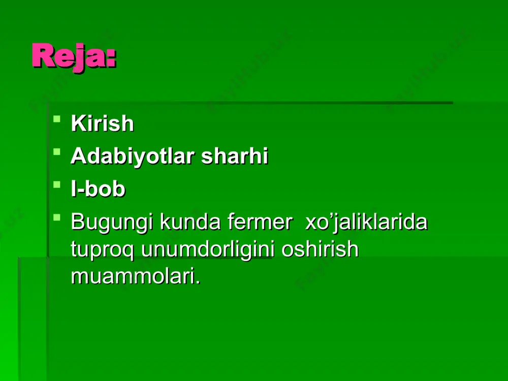 dalanmaydigan,o’lchab bo’lmaydigan,ammo bebaho hisoblangan ekologik iymatning minglab yillar tabiat samarasi sifatida yuzaga keladi. insoniyat tugunini yani ekokomponentning hosil bo’lish muddati bilan o’z ehtiyoji o’rtasidagi uyg’unligikning mezonini, ko’rsatkichini bilib o’shani amaliyotda qo’llay olsagina, ekokomponentlarning strukturasi (tuzilish) ko’rsatkichlariga zarar etkazmagan bo’ladi yoki yaponyaliklar o’z tabiatining ekologik qiymatini avaylab saqlaganidek saqlay oladi. jamiat bugungi kunga kelib toza suv va havoning tanqisligi, tuproq tarkibining buzilishi,tabiat zaxiralarining kamayib ketishi muammolariga duch kelib qoldi. prezidentimiz i.a.karimov bunday yozadilar: ”hammamizga ma’lumki, bizning yerlarimizning biomahsuldorligi boshqa davlatlardagiga qaraganda bir necha barobar past. masalan,qayerda sug’oriladigan yerlar 2 mln gektarni tashkil etadi, yani bizlardagi sug’oriladigan yerlardan 2 barobar kam,ammo bu erlar nafaqat 42 mln aholisini boqayapti, balki qishloq xo’jalik mahsulotlarini eksport qilyapti. qishloq xo’jaligi sohasidagi mehnatga layoqatli aholining atigi 5-7% mashg’ul.2 xo’sh,nega bizdagi tuproqlarning unumdorligi pasayib ketgan, tuproqlarning asl, tabiiy sifatini saqlash uchun qanday tadbirlarga rioya qilish kerak? 2 i.a.karimov.”vatan sajdagoh kabi muqaddasdir”.toshkent, o’zbekiston, 1997,116-129-betlar. i-bob bugungi kunda fermer xo’jaliklarida …