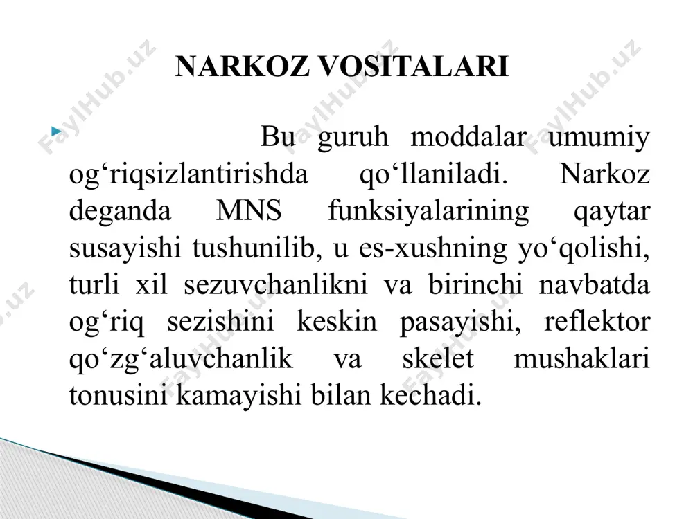 rga bo‘linadilar: kuchli narkotik faollikga ega bo‘lishlari kerak, ya’ni narkoz tez rivojlanishi, qo‘zg‘alish davrining bo‘lmasligi yoki qisqa bo‘lishi, narkoz chuqur bo‘lishi kerak; narkoz oson boshqariladigan, ya’ni preparatning konsentratsiyasini o‘zgartirish bilan narkoz chuqurligi o‘zgaradigan bo‘lishi kerak; ta’sir kengligi (narkotik kengligi) katta bo‘lishi kerak, ya’ni preparatning narkoz chaqiruvchi va uzunchoq miyada joylashgan markazlarni falajlovchi miqdori orasidagi farq katta bo‘lishi kerak; narkoz uchun qo‘llaniladigan vositalar quyidagi talablarga javob berishlari kerak: noxush va ortiqcha ta’siri bo‘lmasligi, bo‘lsa ham juda kam bo‘lishi kerak; ta’sir kaytar bo‘lishi, narkozdan keyingi davr asoratsiz kechishi, narkotik modda berish to‘xtagach narkozdan chiqish tez bo‘lishi kerak; o‘t olish va portlashdan hafsiz bo‘lishi kerak. moddiy jihatdan (ishlab chiqarish va xarid ma’nosida) arzon va qulay bo‘lishi kerak. narkoz uchun qo‘llaniladigan vositalar quyidagi talablarga javob berishlari kerak: bu guruhga engil uchuvchan suyuqliklar va gazsimon moddalar kiradi. ularni maxsus narkoz apparatlari bilan nafas yo‘llari orqali organizmga kiritiladi (intubatsion va maska yordamida). bunda narkotik moddalar diffuziya …