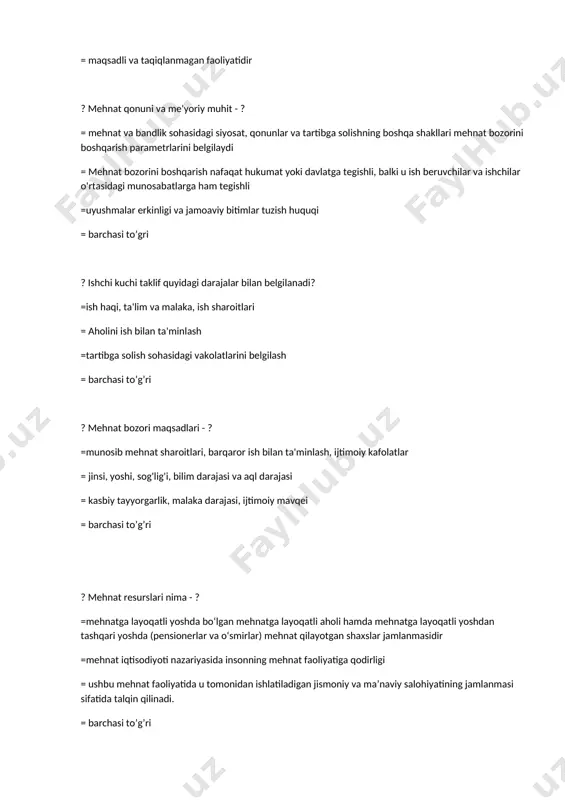 ali ortadi ?mehnat resurlarini shakllantirishning intensive usuli -? = xodimlarning potensialini bevosita ta’lim va kasbiy tayyorgarlik orqali oshirish = mehmatga layoqatli xodimlarning sonini ularning mehnat potensialini o’zgartirmagan holda amalga oshirish = xodimlarning mehnatga jamlanma potensiali saqlanib turadi = xodimlarning mehnatga jamlanma potensiali ortadi ?mehnat resurlarini shakllantirishning oddiy usuli -? = xodimlarning mehnatga jamlanma potensiali saqlanib turadi, ya’ni mehnat faoliyatiga qodir bo’lganlarning soni va ularning potensiali o’zgarmaydi, natijada ishlab chiqarish hajmi barqaror bo’ladi. =xodimlarning potensialini bevosita ta’lim va kasbiy tayyorgarlik orqali oshirish = mehmatga layoqatli xodimlarning sonini ularning mehnat potensialini o’zgartirmagan holda amalga oshirish = xodimlarning mehnatga jamlanma potensiali saqlanib turadi ?mehnat resurlarini shakllantirishning toraytirilgan usuli -? =xodimlarning mehantga jamlanma potensiali ham mehnat foaliyatiga qodir bo’lganlarning ham soni kamayadi, ham ularning kasbiy tayyorgarlik darajasi yomonlashadi =xodimlarning potensialini bevosita ta’lim va kasbiy tayyorgarlik orqali oshirish = mehmatga layoqatli xodimlarning sonini ularning mehnat potensialini o’zgartirmagan holda amalga oshirish = xodimlarning mehnatga jamlanma potensiali …