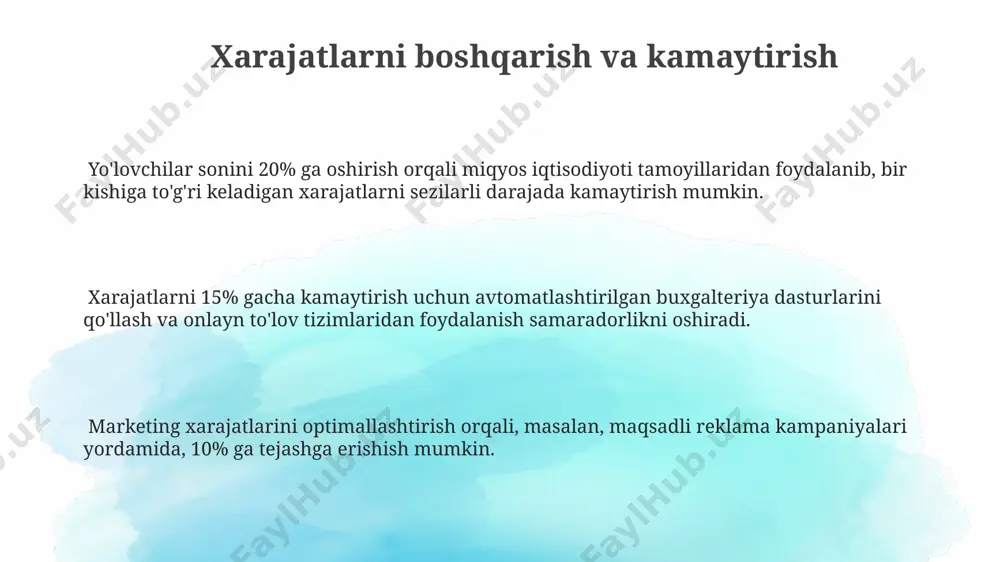 larini joriy etish sayohat agentliklarining operatsion xarajatlarini 20% ga kamaytiradi va 24/7 mijozlarga xizmat ko'rsatish imkoniyatini beradi, buning natijasida mijozlar qoniqishi ortadi. samarali jamoa tuzish samarali jamoa tuzishda aniq vazifalarni taqsimlash va har bir xodimdan uning malaka darajasiga mos 3-5 ta aniq ko'rsatkichni talab qilish samaradorlikni 20% ga oshirishi mumkin. har chorakda jamoa mahsuldorligini baholash va natijalarga qarab rag'batlantirish tizimini joriy etish orqali xodimlar motivatsiyasi 25% ga oshishi va xatoliklar soni 10% ga kamayishi mumkin. jamoa ichida ochiq va tezkor aloqa kanallarini yaratish, masalan, tezkor xabar almashish platformalarini qo'llash orqali muammolarni 15% tezroq hal qilish va 10% vaqt tejash mumkin. innovatsiyalarni joriy etish zamonaviy crm tizimlarini joriy etish orqali mijozlar bilan aloqani 20% ga yaxshilash va xarajatlarni 15% ga kamaytirish mumkin. sun'iy intellekt asosidagi chatbotlar yordamida 24/7 mijozlarga xizmat ko'rsatishni ta'minlash va javob berish vaqtini 50% ga qisqartirish mumkin. big data tahlillari orqali sayyohlik trendlarini aniqlash va marketing kampaniyalari samaradorligini …