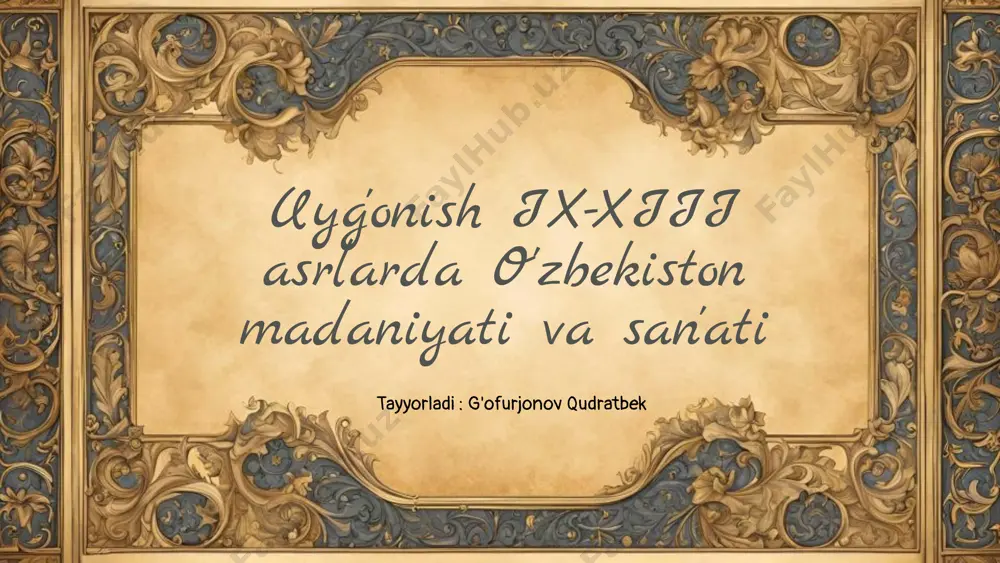 chuqurroq tasvirlashga intilish kuzatildi. amir xusrov va navoiy asarlarida inson ruhiyatiga oid qarashlar keng ifoda etildi. o'zbekiston madaniyatiga ta'sir etgan omillar orasida islom madaniyati, geografiya va xorijiy ta'sirlar muhim rol o'ynadi. bu omillar madaniyat va san'atda yangi shakllar yuzaga kelishiga turtki bo'ldi. o'zgarishlarning ijtimoiy va madaniy ta'siri ijtimoiy hayotdagi o'zgarishlar: ix-xiii asrlarda o'zbekiston hududida savdo, hunarmandchilik va shaharlar rivojlanishi, madaniyat va san'at yangi shakllari. madaniy meros va san'at asarlarini rivojlantirish: yozma madaniyat, diniy va ma'rifiy asarlar, arxitektura va yozuv san'atlarida yangi uslublar. uyg'onish davri madaniy o'zgarishlarining zamonaviy madaniyatga ta'siri: tarixiy meros va an'analar zamonaviy san'atda. 1 2 3 o'zbekiston madaniyati va san'atining ahamiyati uyg'onish davrida, ix-xiii asrlarda, madaniyat va san'at o'ziga xos xususiyatlarga ega bo'lib, bu davrda arxitektura, yozuv, va hunarmandchilik rivojlandi. minoratlar, maqbaralar va madaniyat markazlari qurildi. arab alifbosidan foydalanildi, geometrik va bitik motivlar keng qo'llanildi. zamonaviy ta'sirlar madaniyatning davomiyligini ta'minlashda muhim rol o'ynaydi. global madaniyat bilan integratsiyada, o'zbekiston …