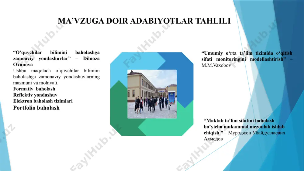 inib qolinishi ochiqlik va shaffoflikni ta‘minlanmaganligi baholash jarayoniga o‘qituvchilar, o‘quvchilar, ota-onalar va jamoatchilik ishtiroki ta’minlanadi. natijalar muhokamasi uchun jamoatchilik orasida tahliliy yig‘ilishlar tashkil etiladi. maktab direktori sinf rahbarlar ota-onalar monitoring ishchi guruhi o‘quv yili davomida ta’lim sifatining yanada yaxshilanishi bilan birga yuqori salohiyatli o‘quvchilarni shakllantirish imkonini beradi chora-tadbirlar rejasi 12 e’tiboringiz uchun rahmat 13 image1.png image2.png image3.jpeg image4.png image5.jpg image6.jpg image7.jpeg image8.png image9.jpeg image10.jpg image11.png image12.jpeg image13.png image14.jpeg image15.jpeg image16.jpeg image17.jpeg image18.jpeg image19.jpeg website designer creative planning application developer development draft sketch drawing template layout prototype framework wireframe design studio . user experience concept .