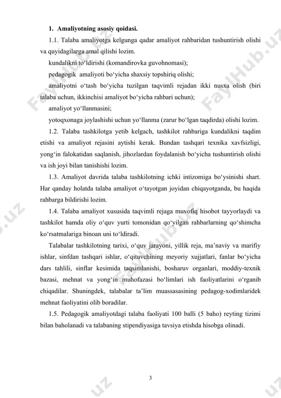 da xulosa; amaliyot mobaynida foydalanilgan manbalar to‘g‘risida ma’lumot. amaliyot natijasi, bahosi talabaning kursdan kursga o‘tishi va stipendiya belgilashda hisobga olinadi. amaliyot yakuni oliy ta’lim muassasasining ilmiy-uslubiy va fakultet ilmiy kengashida amaliyotning natijalariga yakun yasaladi. amaliyot dasturini bajarmagan, ishi haqida qoniqarsiz taqriz yoki hisobot, himoyasida qoniqarsiz baho olgan talaba 2 kursda qarzdor hisoblanib qarshi davlat universitetining pedagogika instituti talabalar safidan chiqariladi. talabaning fan bo‘yicha o‘zlashtirish ko‘rsatkichini nazorat qilishda quyidagi namunaviy mezonlar tavsiya etiladi. a) 86 – 100 ball uchun talaba “5” b) 71 – 85 ball uchun talaba “4” v) 60 – 70 ball uchun talaba “3” baholar bilan baholanadi. 1-hafta __________________________ (kun.oy.yil) mavzu: ____________________________________________________________________________________________________________________________________________________________________________________________________________________________________________________________________________________________________________________________________________________________________________________________________________________________________________________________________________________________________________________________________________________________________________________________________________________________________________________________________________________________________________________________________________________________________________________________________________________________________________________________________________________________________________________________________________________________________________________________________________________________________________________________________________________________________________________________________________________________________________________________________________________