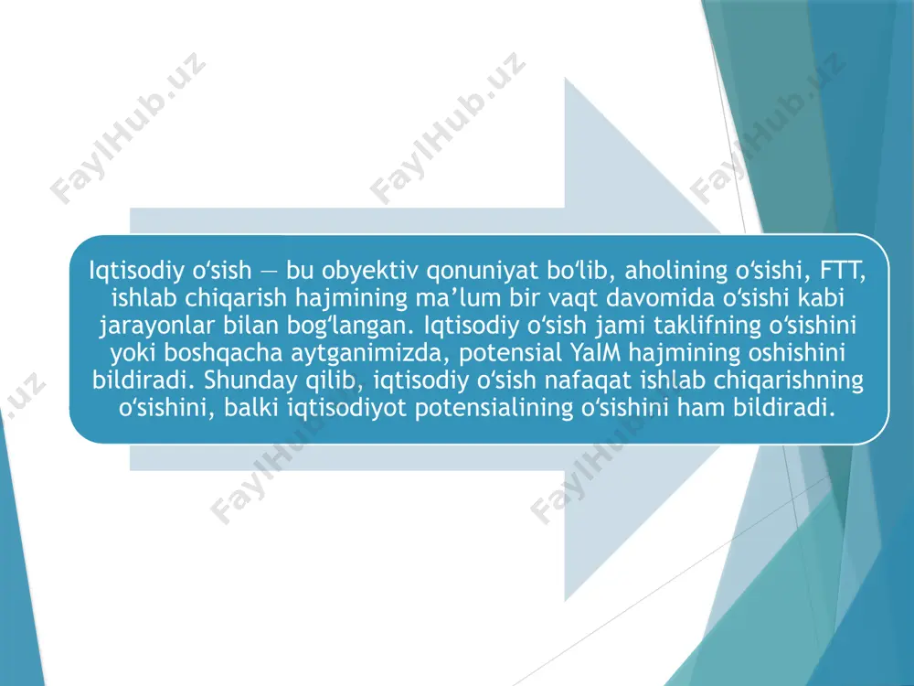umot darajasi va malakasining oʻsishi, ishlab chiqarishni tashkil etishning yaxshilanishi hamda boshqalar) ular e’tiboridan chetda qoldi. neoklassiklar boʻsh turgan ishlab chiqarish quvvatlaridan foydalanish uchun yangi ishchi kuchini jalb qilish hisobiga ham ishlab chiqarishning qoʻshimcha oʻsishini ta’minlash mumkin deb hisobladilar; ikkinchidan, neokeynschilar ishlab chiqarishning kapital talabchanligi koeffitsiyenti-s (s= i / δ y )ni oʻzgarmas deb qaradilar. neoklassik modellar esa ikki ishlab chiqarish omilini (kapital va mehnatni) hisobga olgan holda va ularning oʻzaro bir-birini almashtirishini (substitut ekanligini) koʻzda tutib bu koeffitsiyent oʻzgarishi mumkinligini nazarda tutadilar. bundan esa, ishlab chiqarishning berilgan texnik qurollanishi darajasida, belgilangan ishlab chiqarish hajmiga resurslarning turli kombinatsiyalarini qoʻllab erishish mumkin degan xulosa chiqadi; uchinchidan, neokeynschilar bozor mexanizmining muvozanatni avtomatik tiklash qobiliyatini yetarlicha baholamadilar. neokeynschilardan farqli ravishda, neoklassiklar faqatgina raqobatga asoslangan bozor tizimigina iqtisodiy oʻsishning balanslashganligini ta’minlashi mumkin deb hisobladilar. ular iqtisodiy oʻsishning balanslashganligini ta’minlash raqobat mexanizmidan tashqari barqaror pul tizimiga ham bogʻliq, raqobat mexanizmi va barqaror pul tizimi bozor …