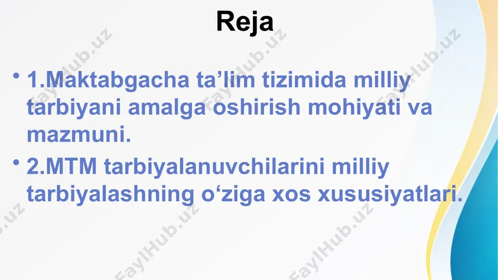 ar: bolalarni milliy qadriyatlar asosida tarbiyalash. mahalliy madaniyat va an’analarni tushunib, ularga hurmat bilan qarashni shakllantirish. axloqiy me’yorlar va odob-axloq qoidalarini bolalarga o‘rgatish. maktabgacha ta’lim tizimida milliy tarbiyani amalga oshirish mazmuni o‘quv jarayonidagi faoliyatlar: o‘yinlar orqali milliy qadriyatlarni o‘rgatish. milliy ertak va qo‘shiqlarni o‘qish va o‘rganish. madaniy bayramlar va tadbirlarda ishtirok etish. amaliy mashg‘ulotlar: qo‘l mehnati va ijodiy faoliyatlar (milliy naqshlar, o‘yinchoqlar yasash). mahalliy o‘yinlar (milliy harakatli o‘yinlar) tashkil qilish. axborot manbalari: milliy tarix va madaniyat haqidagi qisqa hikoyalar. mahalliy urf-odat va an’analarning ma’nosini tushuntirish. pedagogik yondashuv: har bir faoliyatni bola yoshiga mos ravishda amalga oshirish. interaktiv va ijodiy usullardan foydalanish. tadbirlarni bolalarning talab va ehtiyojiga, qiziqishiga qarab quyidagicha tashkil etish: - faoliyat jarayonida to’g’ri maqsad qo’ya olish; - madaniy muhit, faoliyatni bolalardagi madaniy, xulqiy, ruhiy qadriyatlar shakllanishiga yo’naltirish; - faoliyat mazmuni, shakli, uslubi, usuli va vositalari o’rtasidagi mutanosiblikni ta’minlashdan iborat. bolalar ma’naviy dunyosining o’ziga xos xususiyatlaridan yana biri –kattalarni …
