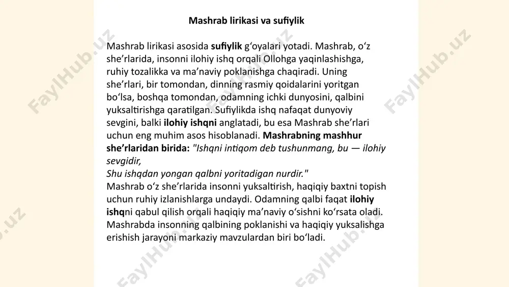 son ruhiyatining chuqur qatlamlariga ta’sir qilmoqda. ... t.me/slaydai_bot 7. mashrab lirikasi va uning mavzulari ilohiy ishq: mashrab lirikasi o‘zining ilohiy ishqga bo‘lgan kuchli e'tiborini ko‘rsatadi. uning she’rlari orqali inson, ollohning sevgisini anglash va unga yaqinlashish istagini ifodalaydi. mashrabning ko‘plab she’rlarida ishq, boshqa barcha his-tuyg‘ulardan ustun turadi. u bu ishqni odamning qalbini poklash va ma’naviy yuksalishga erishish yo‘li deb biladi. ma’naviy yuksalish: mashrabning she’rlari insonni ruhiy o‘sishga, qalbni tozalashga chaqiradi. u insonni faqat tashqi dunyo bilan bog‘liq masalalar bilan shug‘ullanishdan chetlashib, ichki dunyosini anglashga, haqiqatni izlashga undaydi. mashrab uchun, haqiqiy baxtni va tinchlikni faqat ma’naviy tozalikka erishgan inson topadi. diniy e’tiqod va tavhid: mashrabning asarlari, tasavvuf falsafasi bilan uyg‘unlashgan holda, diniy ma’rifatni ta’lim etadi. u insonni ollohning yagona ekanligiga ishonishga va uni qalban tan olishga chaqiradi. mashrabning lirikasi orqali odamlar hayotning asl maqsadini, yuksalish va ruhi poklanishni izlashadi. jamiyatdagi adolatsizlik va axloqiy tanqid: mashrab nafaqat ichki dunyo, balki ijtimoiy holatlarni ham …
