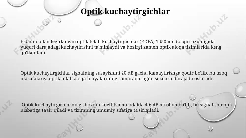 ernet va ma'lumot uzatishni ta'minlaydi – masalan, 10 gbps va undan yuqori. nur tolali aloqa liniyalari shovqin darajasi pastligi bilan ajralib turadi, bu esa mis simlardan farqli o'laroq, ma'lumot uzatish sifati va ishonchliligini sezilarli darajada oshiradi. optik tolali kabel turlari optik tolali kabelning asosiy turlari orasida multimode (50/125 µm va 62.5/125 µm) va single-mode (9/125 µm) turlari mavjud bo'lib, ularning har biri turli xil uzatish masofalari va tezliklariga moslashtirilgan. ba'zi optik tolali kabellar himoya qoplamasi sifatida, kuchli mexanik ta'sirlarga chidamlilikni ta'minlash uchun, po'latdan yasalgan yoki aramid tolali mustahkamlovchi elementlarga ega. optik tolali kabel turlari orasida, masalan, 4 yadroli, 8 yadroli va 12 yadroli kabellar mavjud bo'lib, ularning yadro soni ma'lumot uzatish qobiliyatini va tarmoqning murakkabligini belgilaydi. o'rnatish va texnik xizmat ko'rsatish texnik xizmat ko'rsatish jarayoni davomida kamida har 6 oyda bir marta profilaktik tekshiruvlar o'tkazilib, 1000 dan ortiq ulanishlar tekshiriladi va kerak bo'lganda ta'mirlanadi. nur tola optik tizimlarini o'rnatishda 10 …