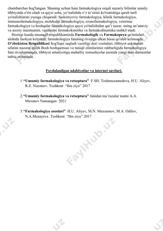 g buyuk tabib va allomalari ibn abbos, abu bakr roziy, abu rayhon beruniy va abu ali ibn sinolar nomlarini keltirishimiz mumkin. ibn abbos yangi dorilarni avval hayvonlarda sinab ko‘rgan. abu bakr roziy esa, davolash, jarrohlik, farmakognoziya, farmakologiya, psixologiya borasidagi ilmlarga yangi g‘oya va ixtirolar kiritishda, ayniqsa, «kasalliklar tarixini» birinchi bo‘lib yuzaga chiqarishga asos soldi. abu rayhon beruniy 4,5 mingdan ortiq o‘simliklar, ma’danlar, hayvonlar va ulardan olinadigan dorilar va ozuqalarga izoh berishda sharq tabobatining ilk manbalarini keltirgan. o‘zigacha o'tgan barcha tabib va hakimlarning boy tajribalarini o‘ta sinchkovlik bilan olib borgan kuzatuvlariga qo'shib jamlagan buyuk olim abu ali ibn sino farmakologiyaning rivojiga juda katta hissa qo'shdi. uning «tib qonunlari», «kitob ush- shifo» va «kitob al-kalbiya» asarlari, nafaqat o‘rta osiyoda, balki butun yevropada keyingi besh asr davomida shifokorlar, farmatsevtlar, farmakologlar va umuman, tibbiyot xodimlarining kundalik qo‘llanmasiga aylanib qoldi. buyuk allomalarimiz ishlarini keyingi yillarda ularning shogirdlari va avlodlari davotn ettirib, turii xil yangiliklar yaratildi. …
