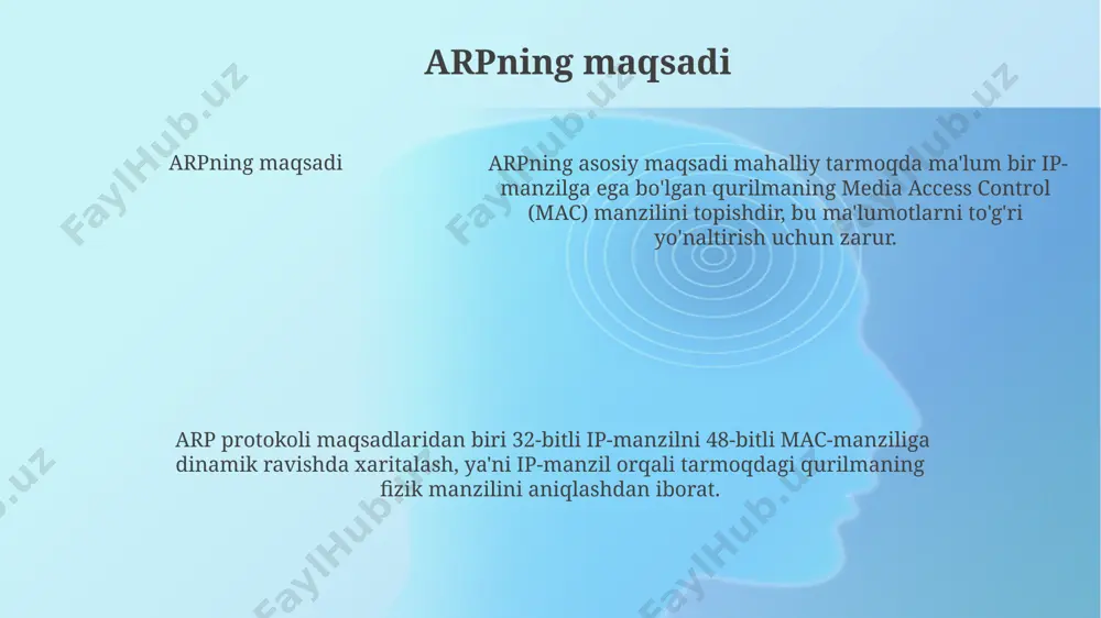 bu maqsadli qurilmaning mac manzilini so'rash uchun ishlatiladi. arp so'rovi 0x0806 kabi ethertype maydoniga ega, bu uning arp paket ekanligini ko'rsatadi. u mahalliy tarmoqqa efirga uzatiladi, faqat maqsadli ip manziliga ega qurilma javob beradi. teskari arp (rarp) ma'lumot zamonaviy dhcp protokoli kabi rivojlangan protokollar paydo bo'lishi bilan, rarp kamroq qo'llanila boshladi. dhcp rarpning cheklovlarini, xususan 1 ip-manzil 1 mac-manzilga bog'liqligini bartaraf etadi. rfc 903 teskari arp (rarp) protokolini belgilaydi. u ethernet kadr ichida 3-tipdagi arp so'rov paketlarini ishlatadi, bunda "operatsiya" kodi rarp so'rovini (qiymati 3) yoki rarp javobini (qiymati 4) ko'rsatadi. protokol arpning ishlash prinsipi arp keshi saqlanadi, bu esa tezroq manzilni hal qilish imkonini beradi. keshda ip-manzillar va mos keladigan mac-manzillar mavjud. vaqt o'tishi bilan kesh yozuvlari 120 sekunddan keyin o'chiriladi. arp operatsiyasi arp so'rovi (1-qadam) va arp javobidan (2-qadam) iborat. arp so'rovida maqsadli ip manzil so'raladi, shunda mos mac-manzilga ega qurilma javob beradi. protokol arp ip-manzilni 32-bitli mac-manzilga …