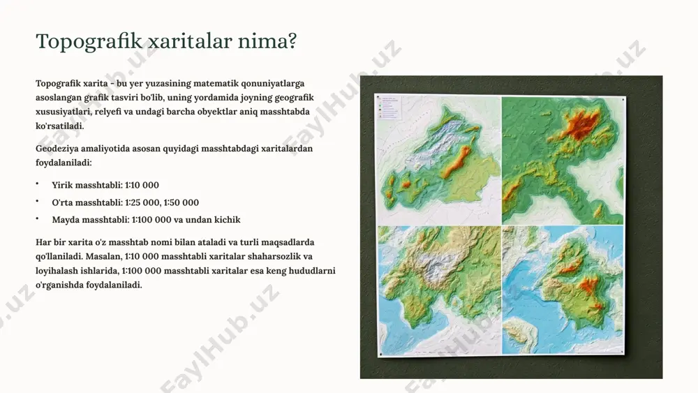 notesslides/_rels/notesslide4.xml.rels ppt/notesslides/_rels/notesslide5.xml.rels ppt/notesslides/_rels/notesslide6.xml.rels ppt/notesslides/_rels/notesslide7.xml.rels ppt/notesslides/_rels/notesslide8.xml.rels ppt/notesslides/_rels/notesslide9.xml.rels ppt/_rels/presentation.xml.rels ppt/slidelayouts/_rels/slidelayout1.xml.rels ppt/slidelayouts/_rels/slidelayout10.xml.rels ppt/slidelayouts/_rels/slidelayout11.xml.rels ppt/slidelayouts/_rels/slidelayout2.xml.rels ppt/slidelayouts/_rels/slidelayout3.xml.rels ppt/slidelayouts/_rels/slidelayout4.xml.rels ppt/slidelayouts/_rels/slidelayout5.xml.rels ppt/slidelayouts/_rels/slidelayout6.xml.rels ppt/slidelayouts/_rels/slidelayout7.xml.rels ppt/slidelayouts/_rels/slidelayout8.xml.rels ppt/slidelayouts/_rels/slidelayout9.xml.rels ppt/slidemasters/_rels/slidemaster1.xml.rels ppt/slides/_rels/slide1.xml.rels ppt/slides/_rels/slide10.xml.rels ppt/slides/_rels/slide2.xml.rels ppt/slides/_rels/slide3.xml.rels ppt/slides/_rels/slide4.xml.rels ppt/slides/_rels/slide5.xml.rels ppt/slides/_rels/slide6.xml.rels ppt/slides/_rels/slide7.xml.rels ppt/slides/_rels/slide8.xml.rels ppt/slides/_rels/slide9.xml.rels [content_types].xml topografik kartalarni o'qish va o'rganish reja: 1. masshtab va uning ahamiyati 2.topografik xaritalarda shartli belgilar 3. koordinata orttirmalari va yo'nalish burchagi topografik xaritalar nima? topografik xarita - bu yer yuzasining matematik qonuniyatlarga asoslangan grafik tasviri bo'lib, uning yordamida joyning geografik xususiyatlari, relyefi va undagi barcha obyektlar aniq masshtabda ko'rsatiladi. geodeziya amaliyotida asosan quyidagi masshtabdagi xaritalardan foydalaniladi: yirik masshtabli: 1:10 000 o'rta masshtabli: 1:25 000, 1:50 000 mayda masshtabli: 1:100 000 va undan kichik har bir xarita o'z masshtab nomi bilan ataladi va turli maqsadlarda qo'llaniladi. masalan, 1:10 000 masshtabli xaritalar shaharsozlik va loyihalash ishlarida, 1:100 000 masshtabli xaritalar esa keng hududlarni o'rganishda foyd