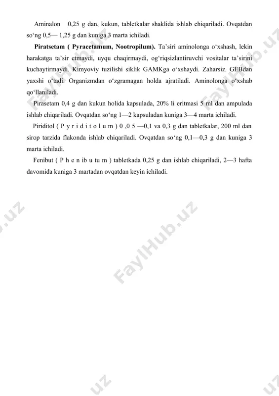 hr., t.; 2019., 494b. © ibodullayev ensiklopediyasi., 2022 y; ©asab.cc 2. n.a. musayeva, m. n. maxsumov, s h .s h . talipova ,,farmakologiya asoslari“ tibbiyot kollejlari uchun uchun o ‘quv qo‘llanma 5-nashri toshkent — «ilm ziy o »-2018 3. xarkevich d.a. farmakologiya ,,o’quv darslik” 4. solixo’jayev zikrilla ,,dori vositalari’’ 1-jild ,,kamalak nashriyoti’’ toshkent 2020.