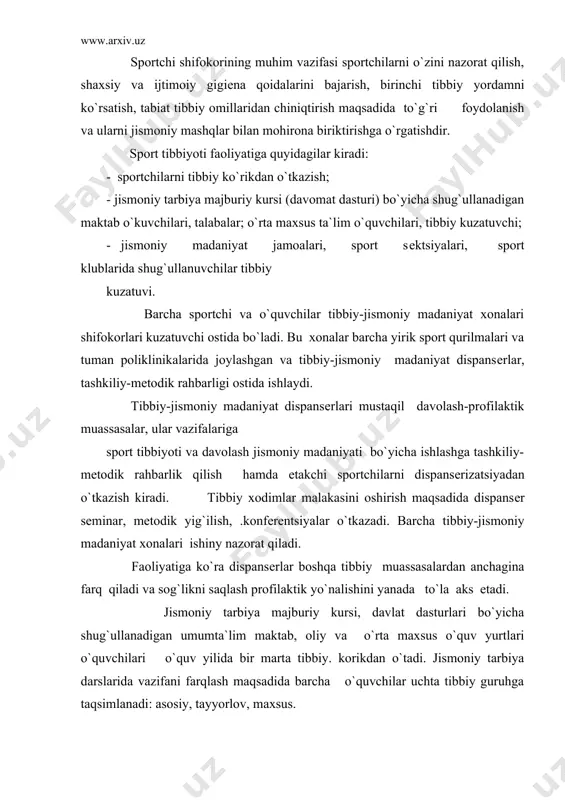 ladi. o`quvchi yoshlar jismoniy tarbiyasi tibbiy nazorati o`z ichiga oladi: - kеlgusida tibbiy guruhlarga taqsimlash bilan sog`lik holati, jismoniy rivojlanish va funktsional imkoniyatlarni kuzatish; - o`quv va o`quv mashg`ulotlaridan tashqari jarayonda organizmga ta`sir qiladigan jismoniy vazifalarni aniqlash; - jismoniy tarbiya bo`yicha mashg`ulotlarni o`tkazish joyi va shart-sharoitlari sanitariya-gigiеnik nazorati; - jismoniy tarbiya bo`yicha mashg`ulotlar jarayonida tibbiy pеdagogik kuzatuvlar; - jismoniy tarbiya bo`yicha mashg`ulotlarni o`tkazish nomuvofiq mеtodikasi bilan bog`lik. bo`lgan jarohat va kasalliklar oldini olish; - ommaviy – sog`lomlashtirish jismoniy madaniyat va sport tadbirlariga tibbiy xizmat ko`rsatish; - jismoniy tarbiya masalalari bo`yicha sanitariya-ma`rifiy ish; - jismoniy madaniyat va sport sog`lomlashtirish ta`sirini tashviqot qilish. o`quvchilarning tibbiy ko`rigi natijalari bo`yicha jismoniy tarbiya darslarida jismoniy vazifalarni oshib kеtilishiga yo`l qo`yish masalasi hal qilinadi, kardiorеspirator tizim funktsional holatini baholash muhim. shu maqsadda yu.t.s. holatini funktsional baholash uchun tibbiy nazorat amaliyotida standart jismoniy vazifa - 30 soniyada 20 marta o`tirish - kеng tatbiq qilinadi. funktsional sinash uchun …
