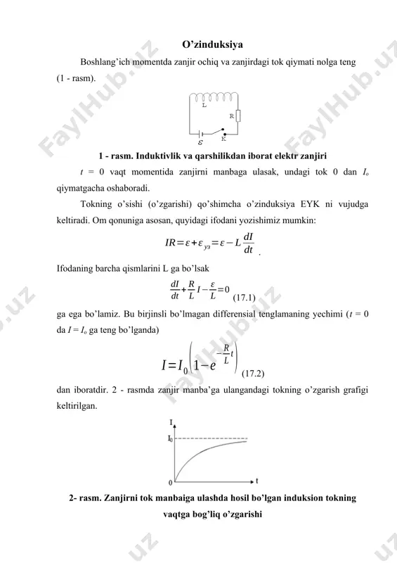 i di1 qiymatga o’zgartirsak, 2 - konturda o’zinduksiya eyk ni hosil qilamiz (17.3) endi esa, konturlar holatini o’zgartirmasdan, 2 - konturga tok manbaini ulab, unda i2 tok hosil qilamiz. o’z navbatida i2 tok 2 = l2i2 magnit oqimini vujudga keltiradi. bu oqimning 21 = l21i2 qismi birinchi konturni kesib o’tadi. i2 tok qiymatini o’zgartirsak, 1 - konturda 21 - o’zinduksiya eyk hosil bo’ladi: (17.4) agarda konturlarning o’lchamlari va holatlari o’zgarmas saqlansa l12, l21 ga teng bo’ladi. l21= l12 = м bu yerda m - ikki konturning o’zaro induksiya koeffitsiyentidir va uning qiymati ikkita konturning o’zaro bog’lanish darajasini bildiradi. bir konturda tokning o’zgarishi ikkinchisida induksiya eyk ni hosil qilish hodisasi - o’zaro induksiya hodisasi deb ataladi. l12 va l21 koeffitsiyentlar qiymatlari konturlarning shakli, o’lchamlari va o’zaro joylashishiga bog’liqdir, undan tashqari atrof muhitning magnit singdiruvchanligiga ham bog’liqdir. shunday qilib, ikkinchi zanjirda induksiyalangan eyk qiymati o’zaro induksiya koeffitsiyenti va birinchi zanjirdagi tokning o’zgarish …