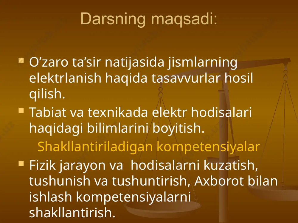 hosil bo’ladigan hodisalar chiniqish har bir so’zning to’g’risiga yozing: “o’tkazgich” yoko “dielektrik”. platina — kislorod — metall — shisha — chinni — kumush — cho’yan — qog’oz — moy — olovuddinga yordam bering olovuddin o’zining shoyidan tikilgan to’nini kiyib, jundan to’qilgan bo’yinbog’ini bog’lab sovuq g’orga tushdi., u yerdan o’zining sehrli chirog’ini topdi: uning bir qismi shishadan, bir qismi esa qahrabodan tayyorlangan ekan. chiroqda quyidagi sehrli so’zlar va belgilar yozilgan ekan: chiroq (+) f rahmdil jin f uchta hohish chiroq (-) f yovuz jin f olovuddin nima qilishi kerak? so’z yasang harflarni o’z o’rniga qo’ying: r, o, z, o, l, t, i, a, y s, l, e, k, e, r, о, p, о, к, т natijada, birinchi qatorda dielektrikdan yasalgan jismning, ikkinchisida esa — asbobning nomi kelib chiqadi. berilgan formula hisoblash javobi image6.jpeg image7.png image8.jpeg image9.png image10.jpeg image11.jpeg image12.jpeg image13.png image14.png image15.jpeg image16.png image17.png image18.png image19.png image20.jpeg image21.png image22.png image23.png image24.png …