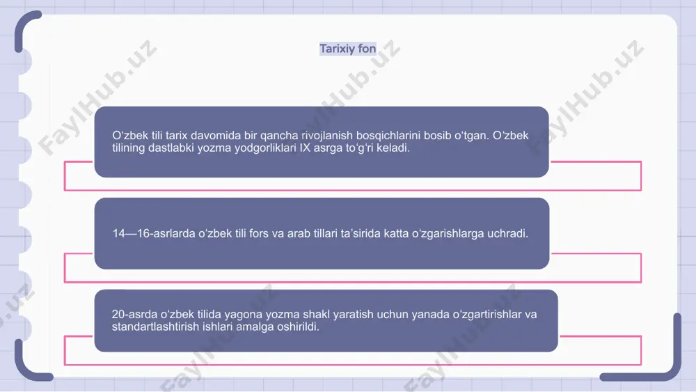 kent viloyatida soʻzlashuvchi dialektlarga asoslangan. hozirgi adabiy o‘zbek tili o‘zbekistonning rasmiy tili bo‘lib, lotin yozuvida yozilgan. o‘zbek tilining shevalari o‘zbek tilining rivojlanish bosqichlarini uchta asosiy davrga bo‘lish mumkin: eski o‘zbek tili, o‘rta o‘zbek tili, hozirgi o‘zbek tili. eski oʻzbeklar davrida oʻzbek tilining bir qancha shevalari, jumladan, xorazm shevasi, chagʻatoy shevasi, fargʻona shevasi paydo boʻldi. bu shevalar hozirgi o‘zbek tilining va uning turli mintaqaviy o‘zgarishlarining shakllanishida hal qiluvchi rol o‘ynagan. 1 2 3 markaziy osiyo tillariga ta’siri oʻzbek tilining rivojlanish bosqichlari oʻrta osiyo tillariga sezilarli taʼsir koʻrsatdi. til tarix davomida turli oʻzgarishlarga uchradi, jumladan, boshqa tillardan soʻzlarni oʻzlashtirish, grammatika va soʻz boyligini moslashtirish. o‘zbek tiliga katta ta’sir ko‘rsatuvchi omillardan biri bu arab tili bo‘lib, u din va madaniyatga oid ko‘plab so‘zlarni keltirgan. xuddi shunday, fors tili o‘zbek tilining so‘z boyligi va adabiy uslubiga sezilarli ta’sir ko‘rsatdi. o‘zbek tiliga yana bir muhim ta’sir ko‘rsatgan narsa bu sovet davrida hukmron bo‘lgan rus tilidir. …