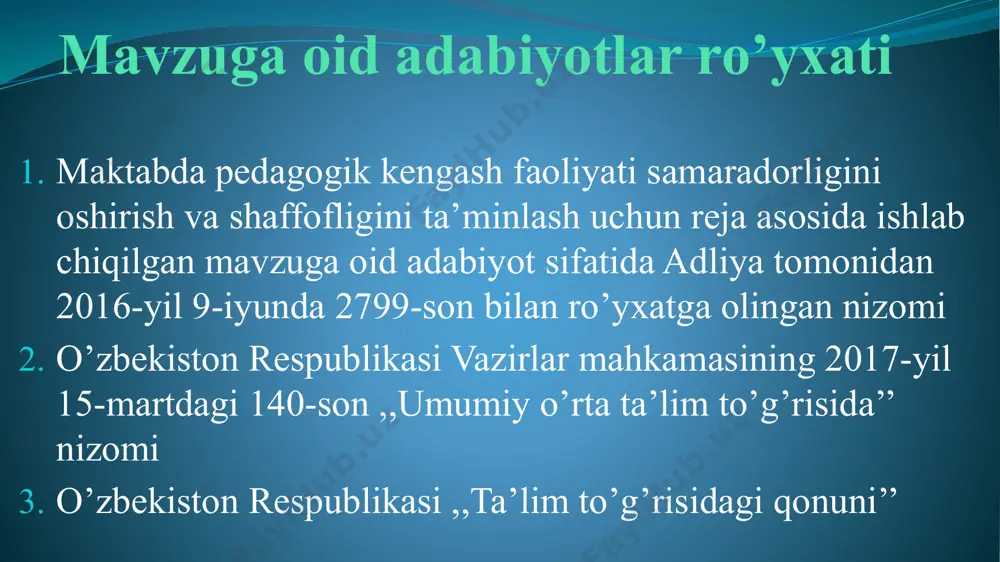 bekiston”. 2017. oʻzbekiston respublikasi xalq ta’limi vazirining 2016-yil 30-maydagi 6-mh-son buyrug‘i. oʻzbekiston respublikasining 2020-yil 23-sentabrdagi oʻrq 637-son qarori. sh.po’latov “ta’lim menejmenti yoxud ta’lim tashkilotini ilmiy - metodik boshqarishga innovatsion yondashuv” o’quv qo’llanma. – t.: “yosh kuch”, 2022 “umumiy pedagogika” darslik - toshkent 2018. 208 b. e’tiboringiz uchun rahmat! image2.png image3.png image4.png image5.png image6.png image7.png