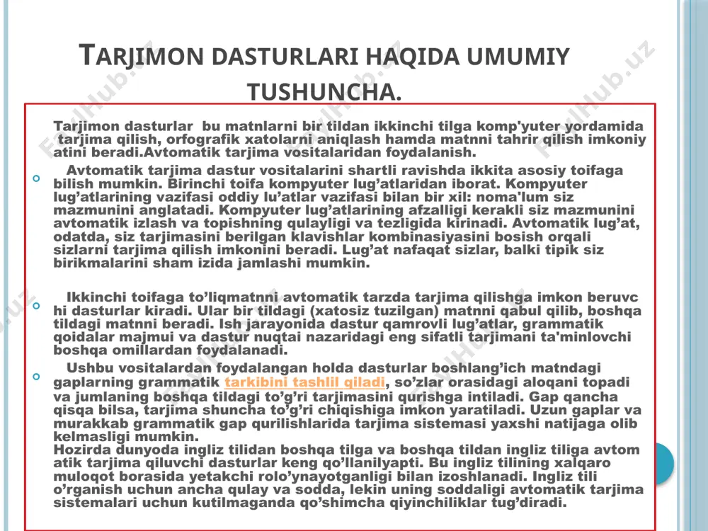 iga oladi. ular bevosita asboblar paneli ostida joylashgan. 2. ilova oynasining pastki qismida axborot paneli joylashgan. u foydalanilayotgan lug`atlarni aks ettirish va tanlashga, tarjima qilinayotgan hujjatning programmaga noma’lum bo`lgan so`zlar ro`yxatini olishga va tarjima qilish lozim bo`lmagan so`zlar ro`yxatini boshqarish uchun mo`ljallangan uchta qo`shimcha varaqadan iborat. 3. ilova oynasining pastki qismida menyu satri ostida asboblar satri joylashgan. “основная” – asosiy asbob bandi hujjatlarni ochishga va saqlashga hamda almashuv buferi bilan amallar bajarish uchun mo`ljallangan kalvishalardan iborat.. xuddi shu yerda imloni tekshirish, kontekst izlash va so`zlarni almashtirish, shuningdek, hujjatni electron pochta orqali jo`natishga imkon beruvchi piktogrammalar (boshqaruv elementi) joylashgan. bu panel piktogrammalari (boshqaruv elementi) hujjatning ilova oynasidagi taqdimini o`zgartirish uchun xizmat qiladi 4. “перевод” menyusi bandi tarjima bajarilayotgan paytda ishlatiladigan boshqaruv elementlaridan iborat. ular yordamida lug`atlar bilan ishlash, matn yoki uning alohida qismlarining tarjimasi, tarjima yo`nalishi (ya’ni, tarjima tillari)ni tanlash, shuningdek alohida so`zlar va butun bir abzaslarni band qilish amalga oshiriladi. …