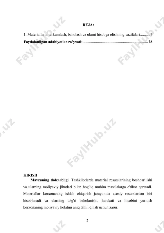 odiy natijalarini yaxshilash uchun zarur bo'lgan tavsiyalarni ishlab chiqishga imkon beradi. kurs ishining maqsadi materiallar harakati va baholashning asosiy metodlarini, shuningdek, ularning moliyaviy hisoboti bilan bog'liq amaliy usullarni batafsil tahlil qilishdan iborat. kurs ishining maqsadi: materiallarni baholash va harakatini hisobini yuritishning asosiy metodlari, usullari va amaliy jihatlarini o'rganishdan iboratdir. aniqroq aytganda, kurs ishida quyidagi maqsadlar ko'zda tutilgan: materiallar hisobining asosiy prinsiplari va metodlarini o'rganish: materiallarning turli xil turlarini, ularning baholash usullarini va harakatini hisoblashning samarali usullarini tahlil qilish. materiallar harakati va baholashini optimallashtirish: korxona resurslarining samarali boshqarilishi uchun materiallar harakati va baholash jarayonlarini to'g'ri tashkil etish va ularni optimallashtirish bo'yicha tavsiyalar ishlab chiqish. materiallar hisobining moliyaviy jihatlarini o'rganish: materiallar hisobining moliyaviy natijalarga ta'sirini tahlil qilish, shu jumladan xarajatlar va foyda ko'rsatkichlarini aniqlash. ichki nazorat va hisobotlarni yaxshilash: materiallar bilan bog'liq jarayonlarda ichki nazorat tizimini kuchaytirish va moliyaviy hisobotlarning ishonchliligini ta'minlash. amaliy tavsiyalar ishlab chiqish: materiallarni baholash va harakatini hisobini yuritishda …