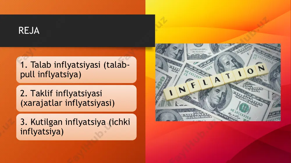 chiqarishi mumkin. talab inflyatsiyasi ko‘pincha iqtisodiy o‘sish davrlarida yuz beradi, chunki ijobiy iqtisodiy sharoitlarda talab oshib ketishi ehtimoli yuqori. biroq, bu jarayon muvozanatli iqtisodiy siyosat va nazorat ostida bo‘lmasa, yuqori inflyatsiya iqtisodiy barqarorlikni yo‘qotish xavfini keltirib chiqaradi. taklif inflyatsiyasi ishlab chiqarish xarajatlarining oshishi sababli yuzaga keladigan narx o‘sishidir. bu turdagi inflyatsiyada asosiy o‘zgarish manbai – iqtisodiyotning taklif tomonidagi omillar bo‘lib, ularning qimmatlashuvi narxlar darajasiga bevosita ta’sir qiladi. asosiy g'oya: xarajatlar ortishi: ishlab chiqaruvchilar o‘zlarining mahsulot va xizmatlarini ishlab chiqarishda yuzaga keladigan xarajatlarni (xom-ashyo, mehnat haqi, energiya, transport va boshqalar) qoplash maqsadida narxlarni oshiradi. narx o‘sishi: xarajatlarning qoplanishi uchun narxlarni oshirish, nihoyat, iste’molchilarga ko‘proq to‘lash majburiyatini yuklaydi va bu umumiy inflyatsiya darajasining oshishiga olib keladi. sabablari: xom-ashyo narxlarining oshishi: dunyodagi xom-ashyo ta’minotida yuzaga keladigan o‘zgarishlar yoki import qiyinchiliklari natijasida xom-ashyo narxlari ko‘tarilishi. mehnat haqi va energiya xarajatlarining oshishi: ishchi kuchi narxining ko‘tarilishi yoki energiya manbalarining qimmatlashuvi ishlab chiqarish xarajatlariga sezilarli ta’sir …