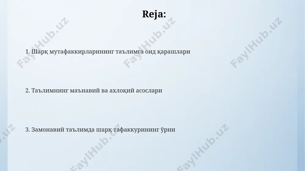 (bolalik, yoshlik, ulg'ayish) haqidagi fikrlari keng qo'llanilmoqda va zamonaviy ta'lim tizimini boyitmoqda. sharq mutafakkirlarining ta’limga bo‘lgan qarashlari rumiy va jaloliddin rumiyning asarlarida tasavvuf falsafasi orqali ta’limning insonning ruhiy kamol topishiga, 40 yoshga kelib haqiqiy bilimga erishishiga ta’siri koʻrsatilgan. ibn xaldunning ijtimoiy-siyosiy falsafasida ta’limning davlat rivojlanishiga ta’siri, xususan, 7 ta asosiy omil orqali uning iqtisodiy va siyosiy barqarorlikka hissasini ta’kidlagan. sharq mutafakkirlarining koʻpchiligi, masalan, al-farobiy va ibn sinoning asarlarida ta’limni 3 bosqichga, ya’ni aqliy, axloqiy va amaliy tarbiyaga boʻlishganini koʻrish mumkin. sharq ta’lim tizimining o‘ziga xos xususiyatlari sharq ta’limida hikmat va axloq tarbiyasi, 4 ta asosiy fazilat: adolat, saxovat, sabr va shukr kabi qadriyatlarga alohida e’tibor qaratilgan. islom olamida madrasalar 9-asrda paydo bo‘lib, 15 ta asosiy fanni o‘z ichiga olgan keng ko‘lamli ta’lim dasturini amalga oshirgan. sharq ta’lim tizimida ustoz-shogird munosabatlari 500 yildan ortiq davom etgan an’anaviy ta’lim uslubi bo‘lib, shaxsiy yondashuv va individual rivojlanishga urg‘u berilgan. kelajak ta’limi va sharq …
