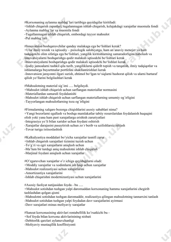iy menejer va ham tadqiqotchi olim sifatiga ega bo‘lishlari, yangilik kiritishlarning samaradorligini baholash va innovatsiyalarni boshqarishga qodir malakali iqtisodchi bo‘lishlari kerak -innovatsiyalarni boshqarishga qodir malakali iqtisodchi bo‘lishlari kerak -ijodiy jamoalarni tashkil qila turib, yangiliklarni qidirib topish va tarqatish, ilmiy tadqiqotlar va ishlamalarga buyurtmalar portfelini shakllantirishlari kerak -innovatsion jarayonni ilgari surish, ehtimol bo‘lgan to‘siqlarni bashorat qilish va ularni bartaraf qilish yo‘llarini belgilashlari kerak #mahsulotning material sig`imi ..... belgilaydi. +mahsulot ishlab chiqarish uchun sarflangan materiallar normasini -materiallardan samarali foydalanishi -mahsulot ishlab chiqarish uchun sarflangan materiallarning umumiy og`irligini -tayyorlangan mahsulotlarning toza og`irligini #firmalarning xalqaro bozorga chiqishlarini asosiy sabablari nima? +yangi bozorlarni egallash va boshqa mamlakatlar tabiiy resurslaridan foydalanish huquqini olish yoki yana ham past xarajatlarga erishish zaruriyatlari -integrasiya yo`li bilan xaridor uchun foydani oshirish -xarajatlar darajasini pasaytirish uchun zo`r berib va uzilishlarsiz ishlash -tovar turiga ixtisoslashish #kalkulyastiya moddalari bo’yicha xarajatlar tasnifi zarur +ishlab chiqarish xarajatlari tizimini tuzish uchun -to’g`ri va egri xarajatlarni aniqlash …