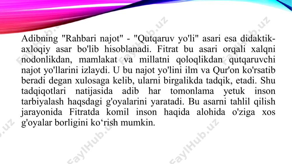 idagi ilm); ilmi tarix; ilmi tabobat;, jo'g'rofiya; ilmi tabobat;, ilmi riyoziyot (arifmetika, handasa (geometriya)); nujum (astronomiya); musiqa; manozir va maroe (optika); algebra, muqobala; -jarri askol (mexanika) fanlari kiritiladi. xulosa: mening xulosam shundan iboratki bu kitob bu dunyoda ham narigi dunyoda ham saodat topishimiz uchun harakat qilishimiz kerak va bizga berilgan nematlardan to’g’ri yo’lda foydalanishimiz kerakligi haqida, va eng oliy maqsadimiz ikki dunyo saodati bo’lishi kerakligi haqida tushuntirib beradi.bu kitobni oxirigacha o’qib chiqmagan bo’lsamda o’zim uchun juda kob malumotlarga ega bo’ldim foydalanilgan adabiyotlar: 1.a.fitratning > asari 2.talqin va tadqiqotlar ilmiy va uslubiy jurnali etiboringiz uchun raxmad image2.png image1.png /docprops/thumbnail.jpeg