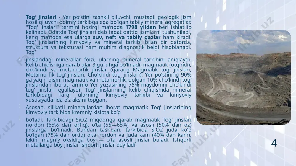 dielektrik va yarim oʻtkazgichlarga kiradi. ularning magnitlanish xossalari, birinchi galda, ular tarkibidagi ferromagnit minerallar (magnetit, titanmagnetit, pirrotin)ga bogʻliq. togʻ jinslarining xossalari mexanik (bosim), issiklik (tra), elektr, magnit, radiatsion (kuchlanish) va moddiy (suyuklik, gaz va boshqalarga toʻyinganligi) maydonlarning taʼsiriga bogʻliq. bosim taʼsirida jinslar zichlashadi, gʻovaklar eziladi, donachalarning kontakt maydoni kengayadi, shu tariqa togʻ jinslarining xossalari oʻzgaradi. odatda, bosim ortishi bilan elektr va issiklik oʻtkazuvchanlik, mustahkamlik va boshqa oshib boradi. issiklik ayrim minerallarning erib zichlashishi, parchalanishi, buglanishiga olib keladi, natijada togʻ jinslari xossalari oʻzgaradi. elektromagnit maydonlarning kuchlanishi va chastotasi togʻ jinslarining elektromagnit va radiotulqin xususiyatlariga katta taʼsir kursatadi. togʻ jinslarifoydali qazilma sifatida uziga xos mustahkamlik, abrazivlik, qattiqlik, parmalanish darajasi, portlashga chidamliligi va boshqa texnologik xususiyatlarga ega. ularning moddiy tarkibi, ﬁzik va kimyoviy xususiyatlari geoﬁzika, geol. (jumladan, muxandislik geol.si) va konchilik sanoatida informatsiyalarning asosiy manbai hisoblanadi 8 tog‘ jinslari haqida umumiy ma’lumotlar tog‘ jinslarining tasnifi hosil bo‘lish sharoitlariga asoslangan. ushbu tasnifga muvofiq tog‘ …