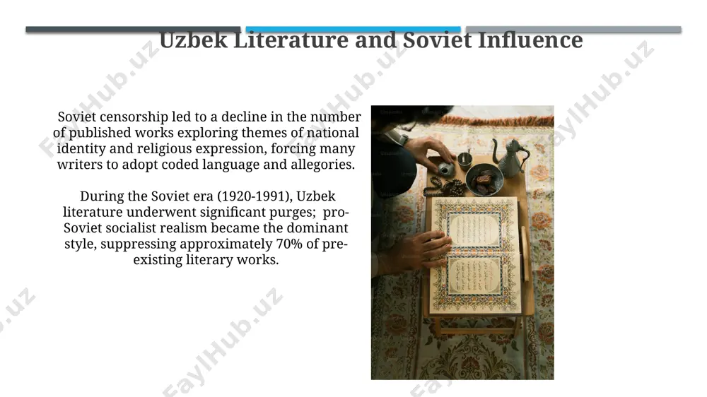 ncluding the development of unique narrative styles and the rise of prominent female poets, challenging societal norms within a patriarchal context. navoi's influence extended beyond poetry; his prose works, including the epic "the hamza," significantly impacted uzbek literary language and storytelling traditions for centuries. modern uzbek prose modern uzbek prose saw a surge in popularity after the 1990s, with over 50 new authors emerging, experimenting with post-soviet themes and challenging traditional narrative structures. the rise of "rural realism" in modern uzbek prose, evident in approximately 20% of published works, depicts the lives and struggles of rural populations with unflinching detail and social commentary. contemporary uzbek writers the rise of uzbek e-literature and online platforms has facilitated a new wave of approximately 20 younger writers, bypassing traditional publishing gatekeepers and reaching wider audiences. uzbek women writers, comprising roughly 30% of the contemporary literary scene, are increasingly tackling challenging social issues like …