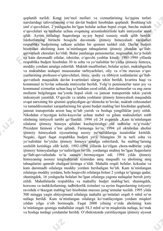 , aholini ijtimoiy himoyalashga qaratilgan choralarni oldindan ko‘rib qo‘ygan holda erkinlashtirila boshlandi. vazirlar mahkama-sining „narxlarni erkinlashtirish chora-tadbirlari to‘g‘risida“ gi qaroriga muvofiq 1992 yil 10 yanvardan boshlab o‘zbekistonda keng doiradagi ishlab chiqarilayotgan sanoat mollari, texnika vositalari ayrim turdagi xalq iste’moli mollari, bajarilgan ishlar va xizmatlarning kelishilgan (erkin) narxlari va tariflariga o‘tildi. hukumat aholini himoyalash maqsadida cheklangan doiradagi oziq-ovqat va sanoat tovarlari narxlarining chegarasini, ko‘rsatiladigan ayrim turdagi xizmatlarning eng yuqori tariflarini belgilab qo‘ydi. shu munosabat bilan don, bug‘doy yetishtirish uchun, un va boshqa oziq-ovqat mollarini ishlabchiqarishga sarflanadigan xarajatlarning bir qismi respublika budjetidan to‘landi. o‘quvchi va talabalarga bepul nonushta va imtiyozli ovqat berishdan ko‘rilgan zarar davlat hisobidan qoplandi, bolalarga mo‘ljallangan ayrim turdagi tovarlarni, dori-darmonlarni ishlab chiqarishda korxonalarga davlat dotatsiyasi berildi. 1993 yilda qat’iy belgilangan va tartibga solib turiladigan narxlarda sotiladigan tovarlar va ko‘rsatiladigan xizmatlarning ro‘yxati ancha qisqardi. kelishilgan ulgurji narxlarni davlat tomonidan tartibga solish to‘xtatildi. 1994 yilning oktabr-noyabr oylarida xalq iste’moli mollari asosiy …