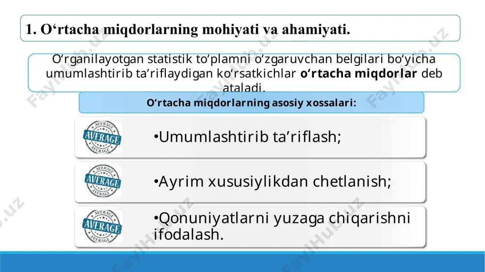 usulida hisoblash qator variantalaridan о‘zgarmas ixtiyoriy a soni ayirib, olingan natija boshqa ixtiyoriy b songa bо‘linadi. natijada berilgan xi qatordan yi=(xi-a)/b qatori vujudga keladi. bu qator uchun arifmetik о‘rtacha hisoblanadi. sо‘ngra u b soniga kо‘paytiriladi va olingan natija ustiga a soni qо‘shiladi. natijada boshlang‘ich qatorning haqiqay arifmetik о‘rtacha miqdori kelib chiqadi. kengligi teng oraliqli qatorlarda «a» deb variantaning о‘rtadagi qiymatini «b» о‘rnida esa oraliq kengligi olish tavsiya etiladi. 1-jadval о‘rtacha nisbiy miqdorni oraliqli variatsion qatorlarda hisoblash shartnomani bajarish darajasi bо‘yicha korxonalar guruhi (foizda) xi kor-xonalar soni ni shartnoma bо‘yicha mahsulot yetkazib berish hajmi (mln.sо‘m) fi shartnomani о‘rtacha bajarish darajasi % а 1 2 3 4 5 6 7 80 гача 80-90 90-100 100-110 110-120 120-130 130 va undan yuqori 1 3 5 9 7 5 4 20 60 100 180 140 100 80 75 85 95 105 115 125 135 1500 5100 9500 18900 16100 12500 10800 1 3 5 …