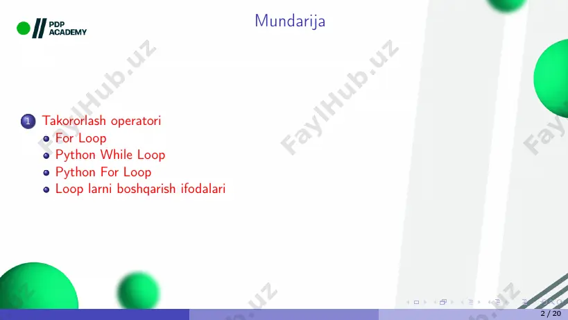 ganda, else operatori ostidagi blok bajariladi. 1 a=3 2 while(a>0): 3 print(a) 4 a-=1 5 else: 6 print("reached 0") natija: 3 2 1 reached 0 quyidagi kodda a==1 uchun while siklining tanasiga break operatorini joylashtiramiz. demak, bu sodir bo‘lganda else blokidagi operator bajarilmaydi. 1 a=3 2 while(a>0): 3 print(a) 4 a-=1 5 if a==1: break 6 else: 7 print("reached 0") natija: 3 2 9 / 20 bitta ifodali while loop if shart opertatori kabi, while tanasida faqat bitta ifoda bo’lsa, biz hammasini bir qatorga yozishimiz mumkin. 1 a=3 2 while a>0: print(a); a-=1 natija: 3 2 1 ko‘rib turganingizdek, whilening tanasida ikkita gap bor edi, lekin biz ularni ajratish uchun nuqta-verguldan foydalanardik. ikkinchi ifodasiz u cheksiz bajariladi. 10 / 20 python for loop python for loop bir qator elementlarni takrorlashi mumkin. python-da for siklining tuzilishi c++ yoki java-dan farq qiladi. ya’ni, for(int i=0;i 0): 3 j=6 4 while(j>i): 5 print("*",end=' …