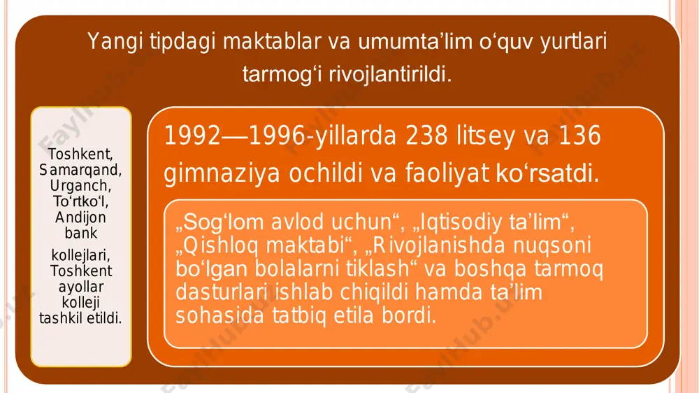 qituvchi faoliyat ko‘rsatdi. • 2005—2006- o‘quv yilida 62 ta oliy o‘quvyurtida 250 ming nafardan ortiq bo‘lajak bakalavr va magistrantlar ta’lim-tarbiya oldilar. • 1997-yilda prezident farmoni bilan xorazm fanlar akademiyasi qayta tiklandi. 1992-yil dastlab respublikamizning 6 ta oliy ta’lim muassasasida test sinovi asosida o‘qishga qabul qilish tajribadan o‘tkazilgan edi. 1993-yilda esa 46 ta oliy ta’lim muassasalarining 19 tasida tajriba tariqasida test sinovlari o‘tkazildi. • 1997-yilda tashkil etilgan „umid“ jamg‘armasi yo‘llanmasi bilan 1997—2001-yillarda 785 nafar yigit-qiz rivojlangan davlatlarning oliy o‘quv yurtlariga o‘qish uchun jo‘natildi. • ta’lim muassasalarining yevropadagi ta’lim jamg‘armasi, germaniyadagi texnika hamkorlik tashkiloti, yaponiyadagi jayko xalqaro tashkiloti, koreyaning koyka agentligi, yunesko, jahon banki, tasis-tempus ochiq jamiyat instituti, aqsh, angliya, fransiya, yaponiya, daniya, xitoy, gollandiya oliy ta’lim vazirliklari bilan hamkorligi kengayib bormoqda. 1994-yil davlat test markazi tashkil etilib, shu yildan boshlab oliy ta’lim muassasalariga test orqali qabul joriy etildi. 1996-yildan ta’lim olishda kontrakt- shartnoma to‘lovi joriy etildi. 1997-yilgi “ta’lim to‘g‘risida”gi qonunga muvofiq, …