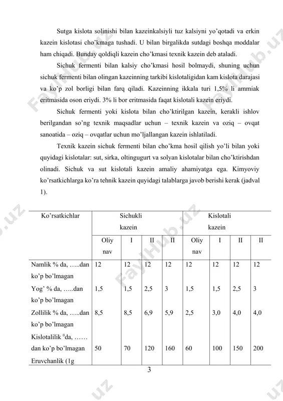 otali kazeindan yelim olish jarayonini qiyinlashtiradi. sichuk kazeinini zollilik ko’rsatkichi pasayishi bilan plastik mahsulotlarning sifati ham pasayadi. kislotalilik yuvilish darajasini ko’rsatadi. kazeinning erish darajasi uni gidroksidlarda shishi qobiliyatini ko’rsatadi. sichukli kazein plastik massalar tayyorlash uchun ishlatiladi: elektrik izolyatorlar, rezina va teri o’rnini bosuvchilar, va h.k. kazeindan yasalgan plastmassaning asosiy turi bu gallalitdir. kislotali kazeindan yelim, kleyster, zamazka va sement ko’rinishidagi yopishqoq narsalar tayyorlanadi. kislotali kazein yana sun’iy moyna, ipak, appretur va hakozolar tayyorlash uchun qo’llaniladi. texnik kazein rangi bir xilda bo’lishi kerak: oq yoki qaymoq rang; kazeinnig past sortlarida 15% gacha to’q sariq rangli donlar uchrashi mumkin. u quruq uvalanadigan yoki qattiq don ko’rinishida bo’lishi mumkin, qumaloqlarsiz va yot jinslardan holi bo’lgan. kazein tayyorlashning texnologik sxemasi quyidagilarni operatsiyalarni o’z ichiga oladi: a. yog’sizlantirilgan sutni qabul qilish va nazorat qilish, bunda eng yuqori yog’sizlantirish darajasi ta’minlanishini talab etiladi. b. yog’sizlantirilgan sutni kislota bilan bijg’itish yoki sichuk fermenti bilan chiritish. bijg’itish asosan. …