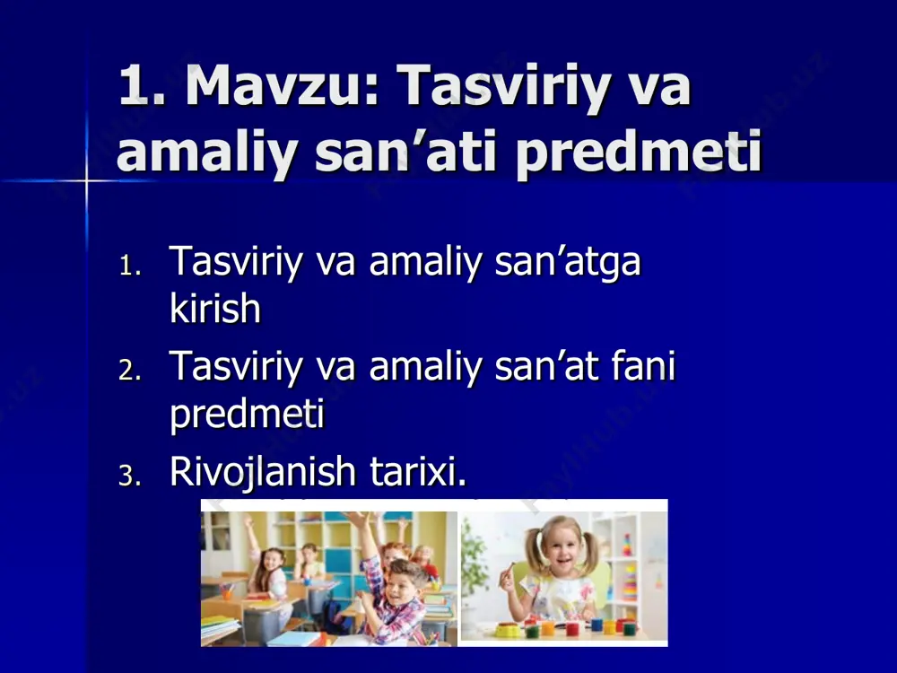 berilagan fikrlarning qaysilari to‘g‘ri? a. natyurmort ishlashda mutanosiblik juda ahamiyatli hisoblanadi v. natyurmort ishlashda fonni ishlash uncha ahamiyatli emas. c natyurmort ishlashda perspektiva ahamiyati katta. e. natyurmort ishlashda “oltin kesim” qoidasiga amal qilish shart emas. javob_________________________________ muammoli vaziyat tushuncha taxlili simptom asar yaratishda rassom harakatini sxemada ifodalang. 1) yaxlitlash; 2) rang berish; 3) g‘oya izlash; 4) suratni asosiy yuzaga ko‘chirish; 5) eskiz ishlash; 6) format tanlash; javoblar_____________________________________ amaliy vazifa natyurmort to’g’ri muvozanat noto’g’ri muvozanat fan uchun kerak bo’ladigan o’quv qurollar 1. qog’oz vatman, tarshon yoki a3, a4 format 2. akvarel bo’yog’i 3. turli o’lchamdagi mo’yqalamlar 4. palitra va suv uchun idish 5. qalamlar, o’chirg’ich, qalam ochgich mavzu yuzasidan elektron adabiyotlar  s.abdirasilov, n.tolipov rangtasvir o‘quv qo‘llanma innovatsiya ziyo, t. 2019  abduraxmonov g’.m kompozitsiya asoslari o‘quv qo‘llanma «iqtisod-moliya», toshkent, 2009  p.thomas, a.taylor drawing, london-2011  1-4- sinf tasviriy san’at darsligi 2022 yil  https://meros.uz/uzc/object/ozbekiston-davlat-sanat-muzeyi  с.махкамова рангтасвир электрон дарслик …